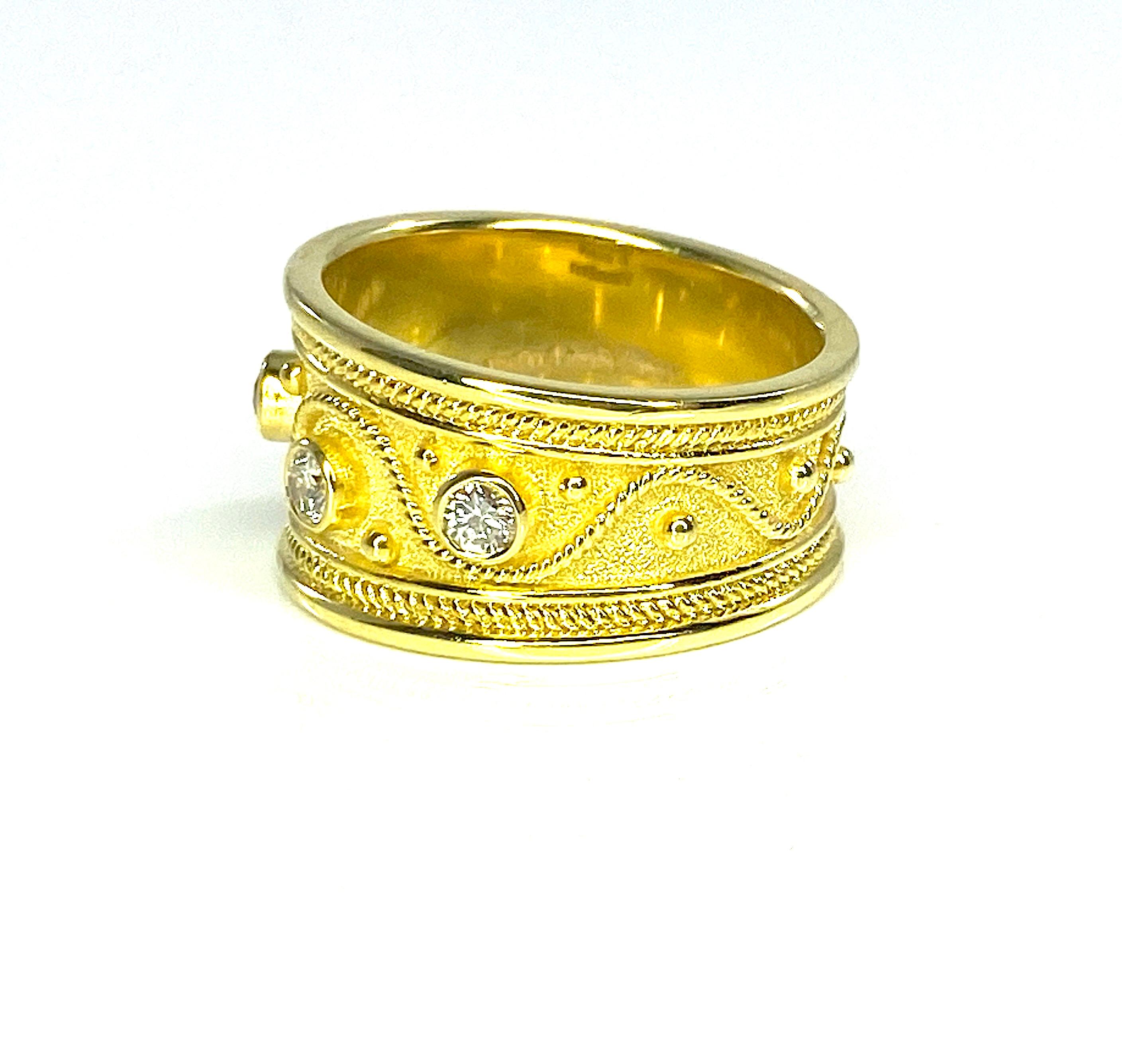 Round Cut Georgios Collections 18 Karat Yellow Gold 5 Diamond Byzantine Ring Granulation For Sale