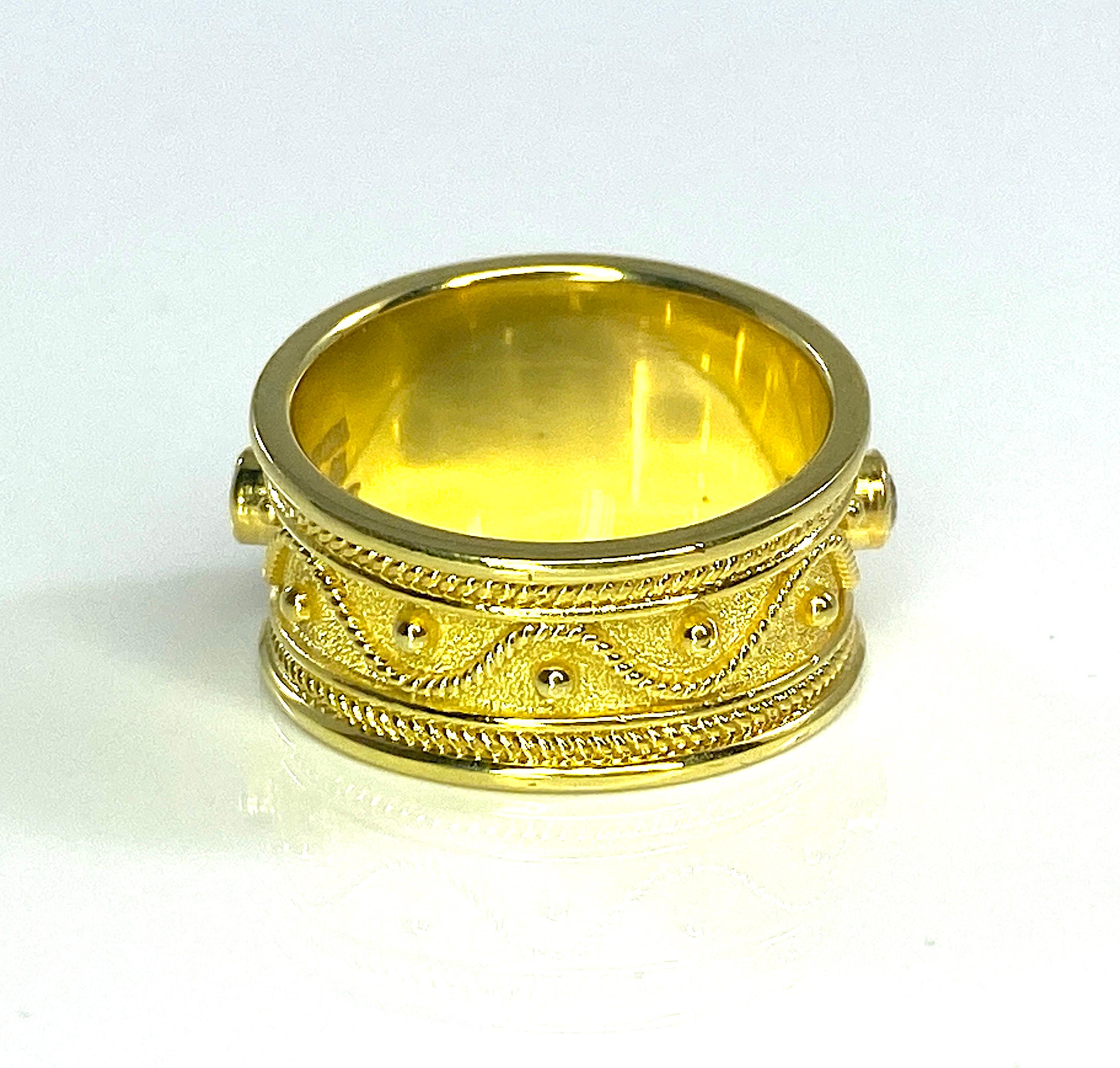 Georgios Collections 18 Karat Yellow Gold 5 Diamond Byzantine Ring Granulation In New Condition For Sale In Astoria, NY