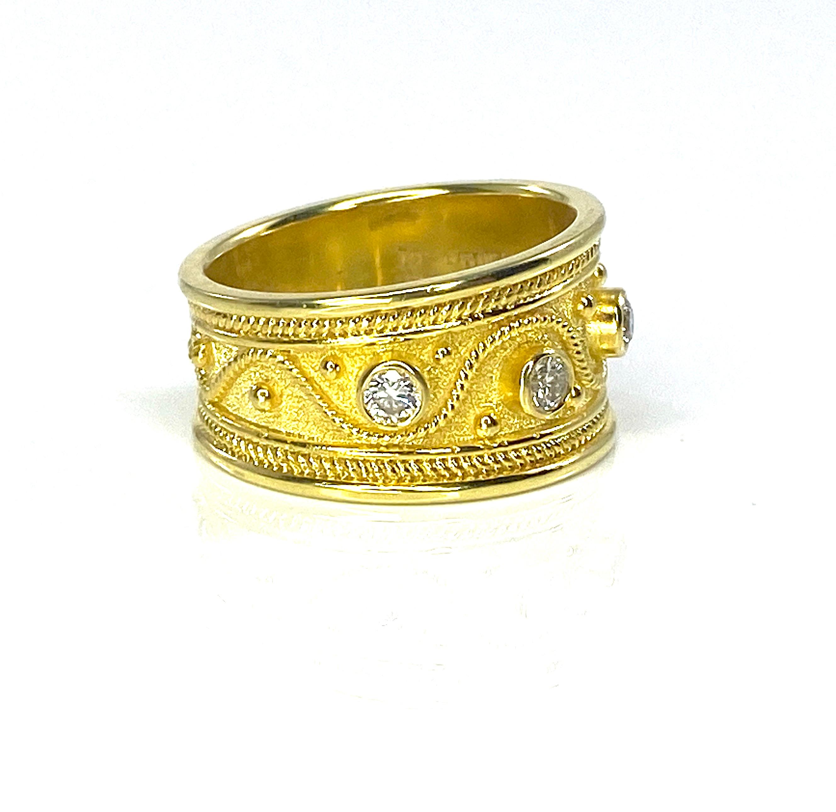 Women's or Men's Georgios Collections 18 Karat Yellow Gold 5 Diamond Byzantine Ring Granulation For Sale