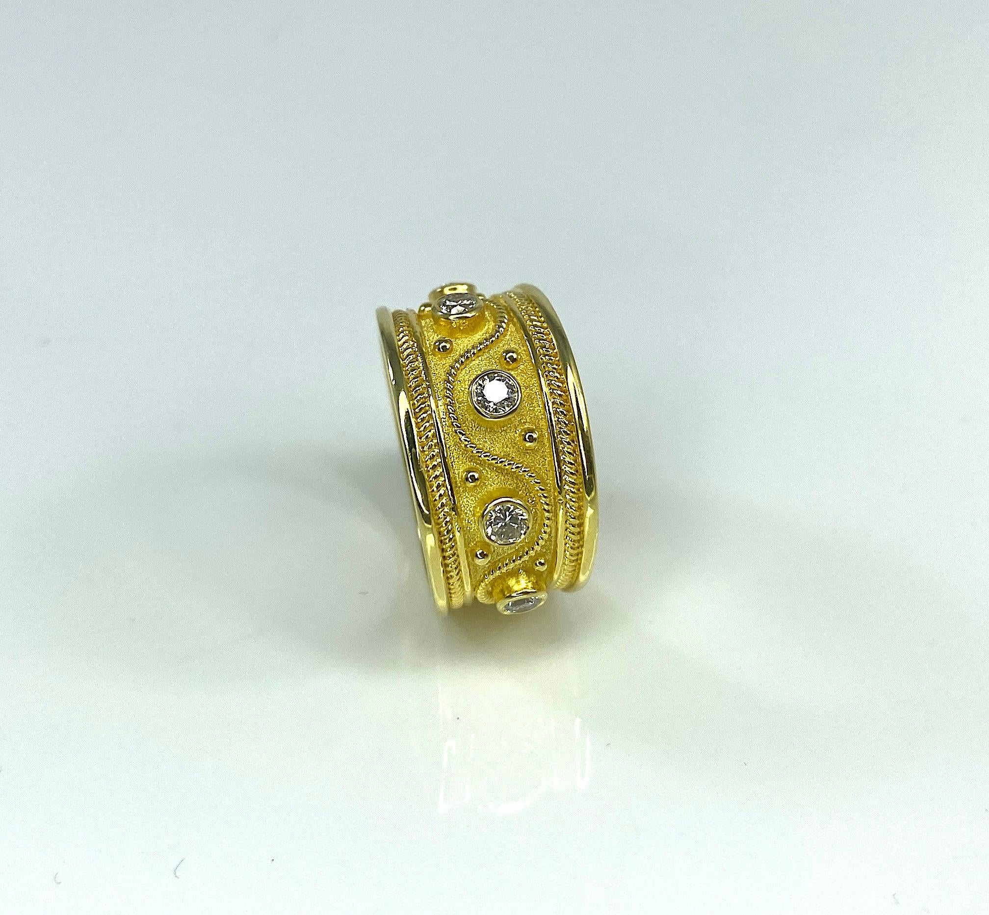 Georgios Collections 18 Karat Yellow Gold 5 Diamond Byzantine Ring Granulation For Sale 1