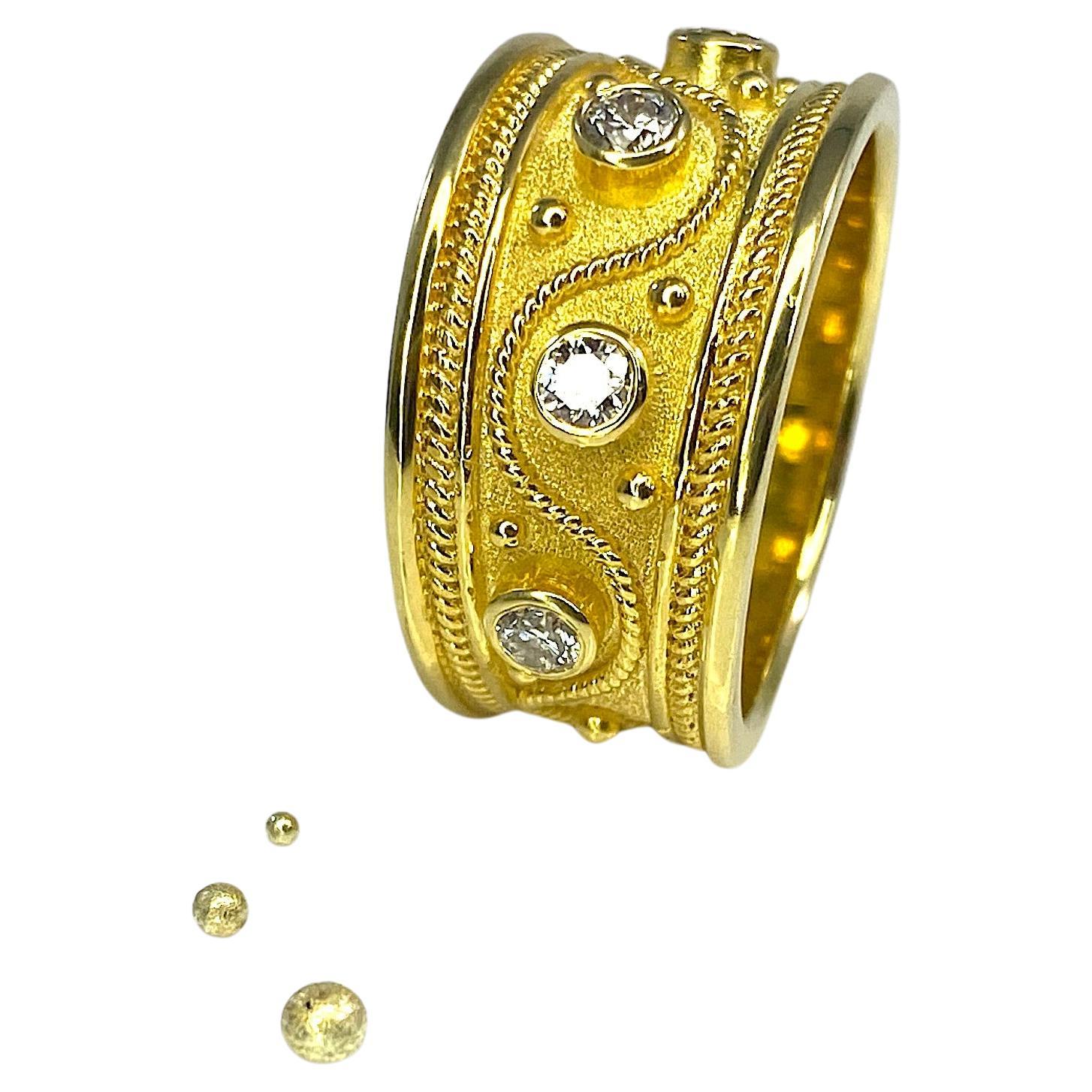 Georgios Collections 18 Karat Yellow Gold 5 Diamond Byzantine Ring Granulation For Sale
