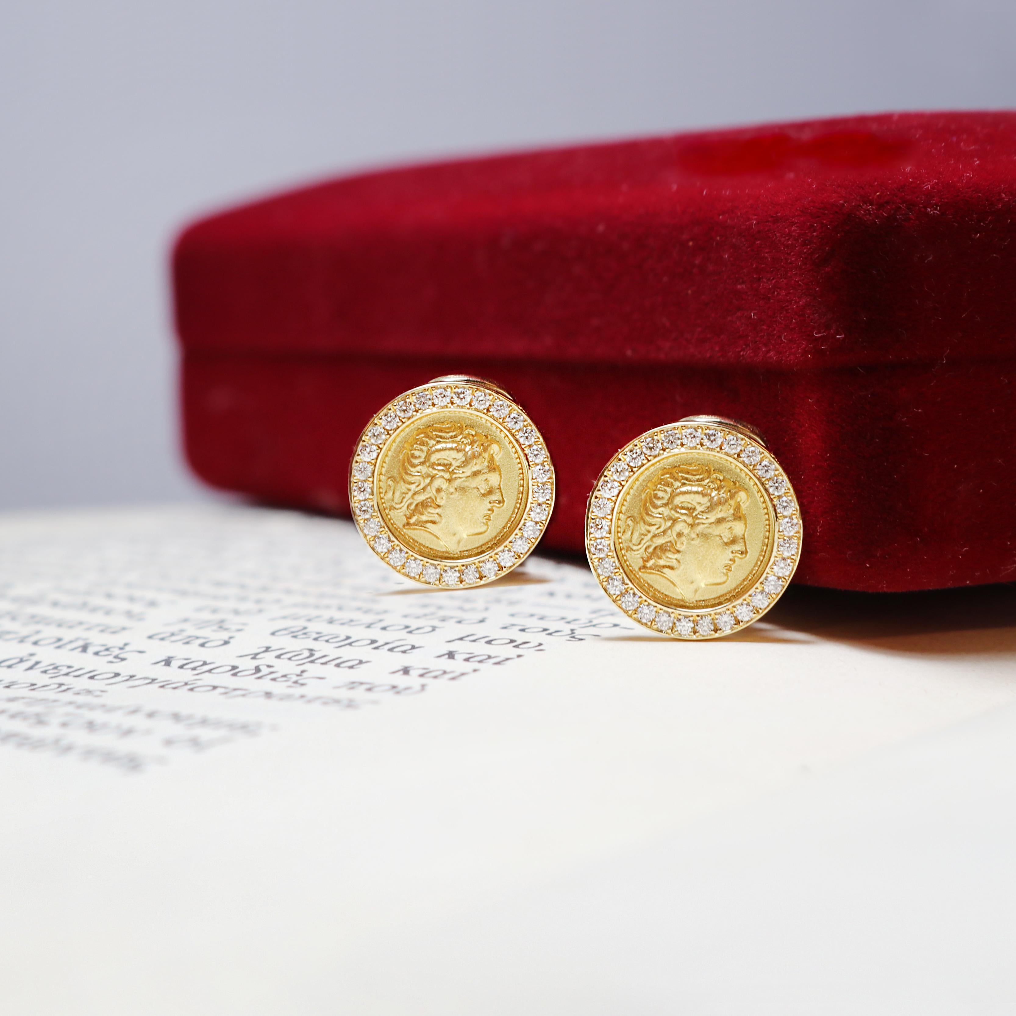 Round Cut Georgios Collections 18 Karat Yellow Gold Alexander Coin Clip Diamond Earrings For Sale