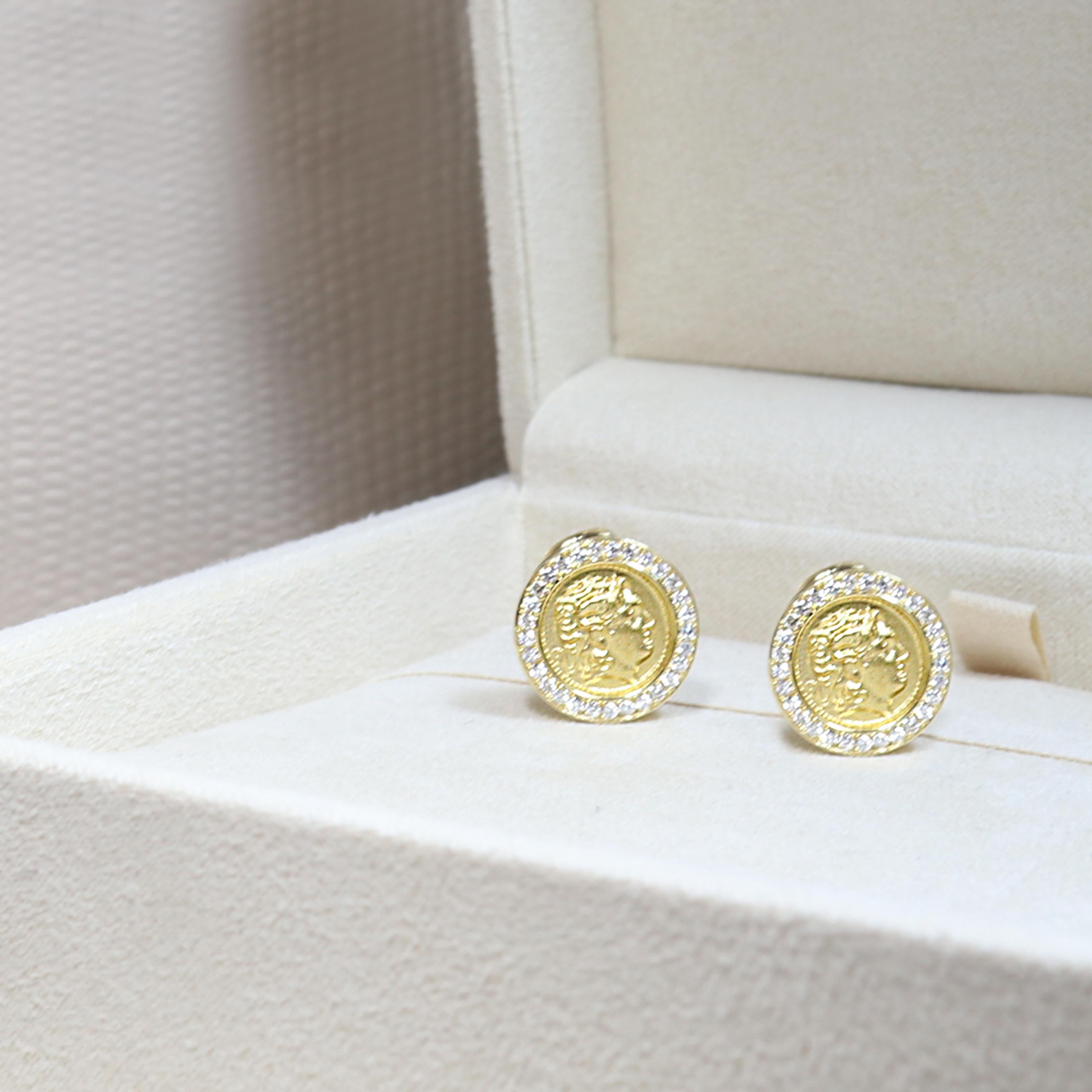 Georgios Collections 18 Karat Yellow Gold Alexander Coin Clip Diamond Earrings In New Condition For Sale In Astoria, NY