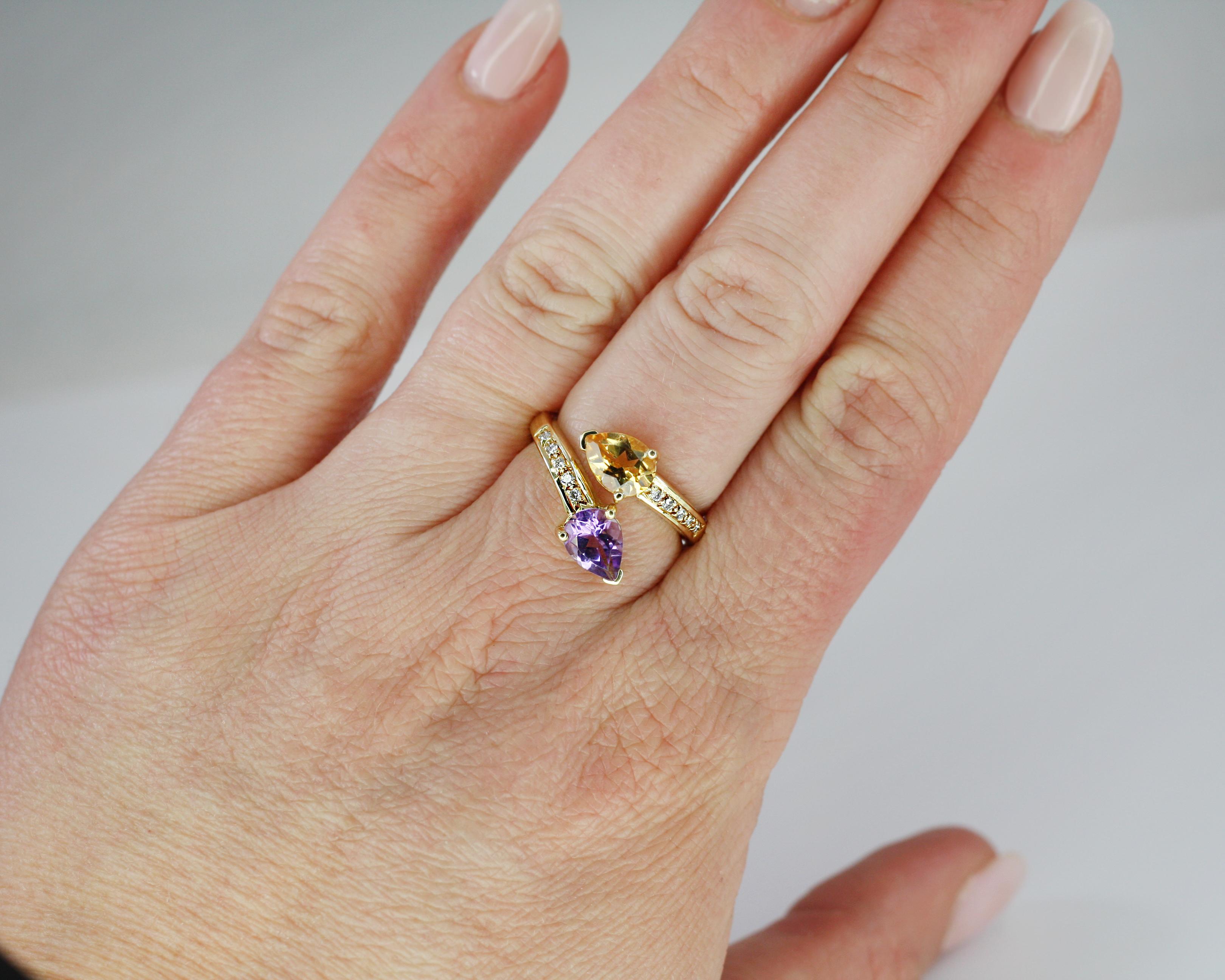 Pear Cut Georgios Collections 18 Karat Yellow Gold Amethyst and Citrine Diamond Band Ring For Sale