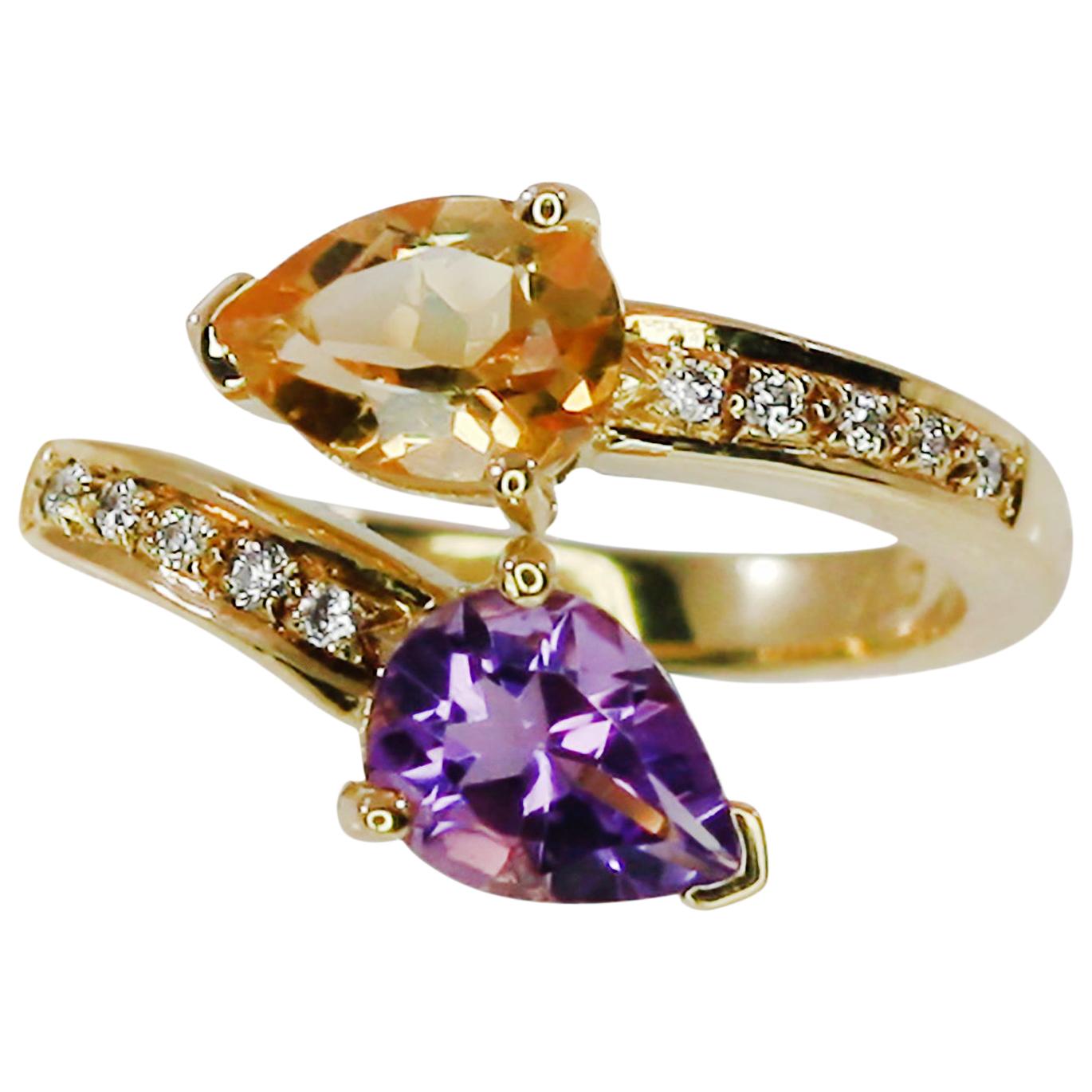 Georgios Collections 18 Karat Yellow Gold Amethyst and Citrine Diamond Band Ring For Sale