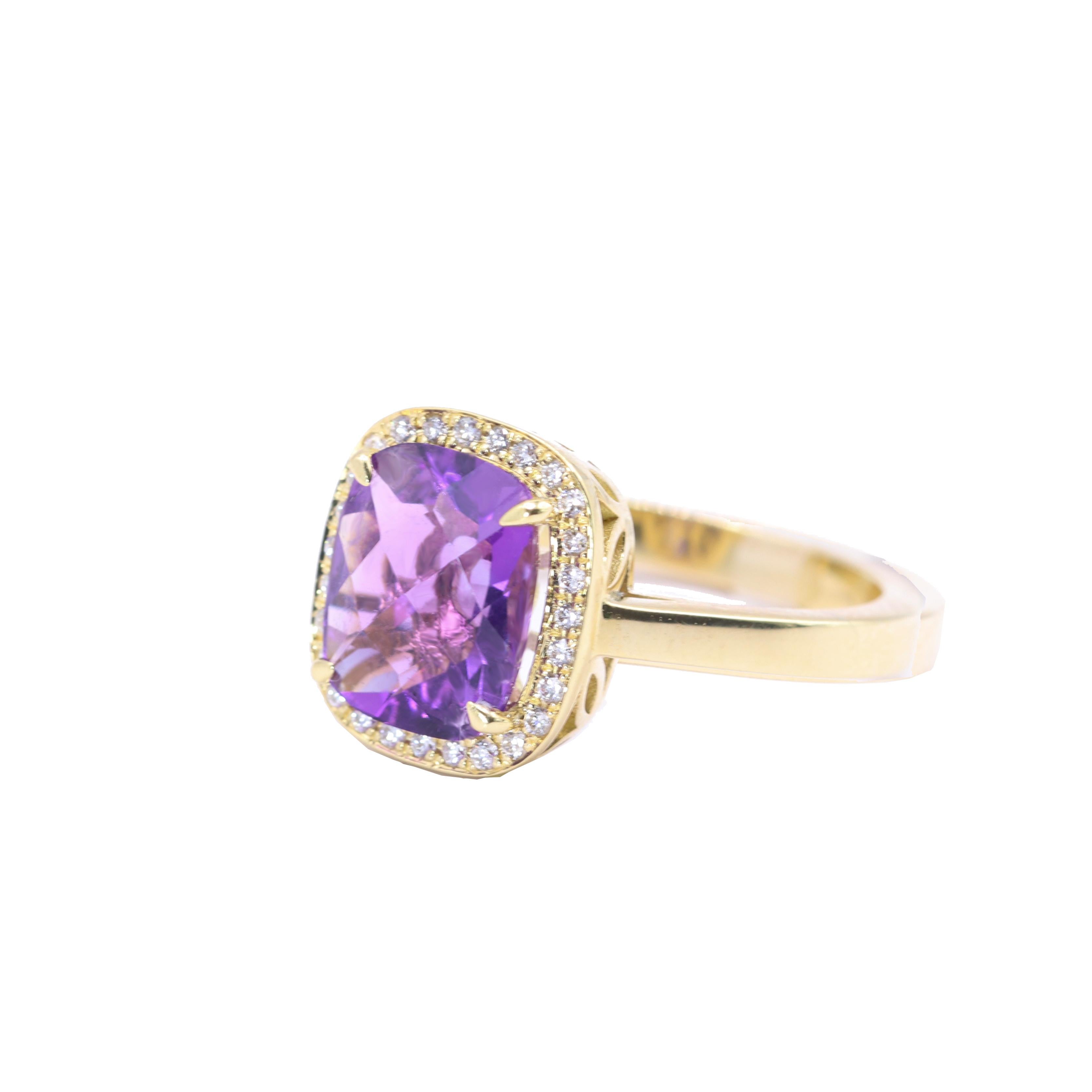 Georgios Collections 18 Karat Yellow Gold Amethyst Ring with Diamond Bezel In New Condition For Sale In Astoria, NY