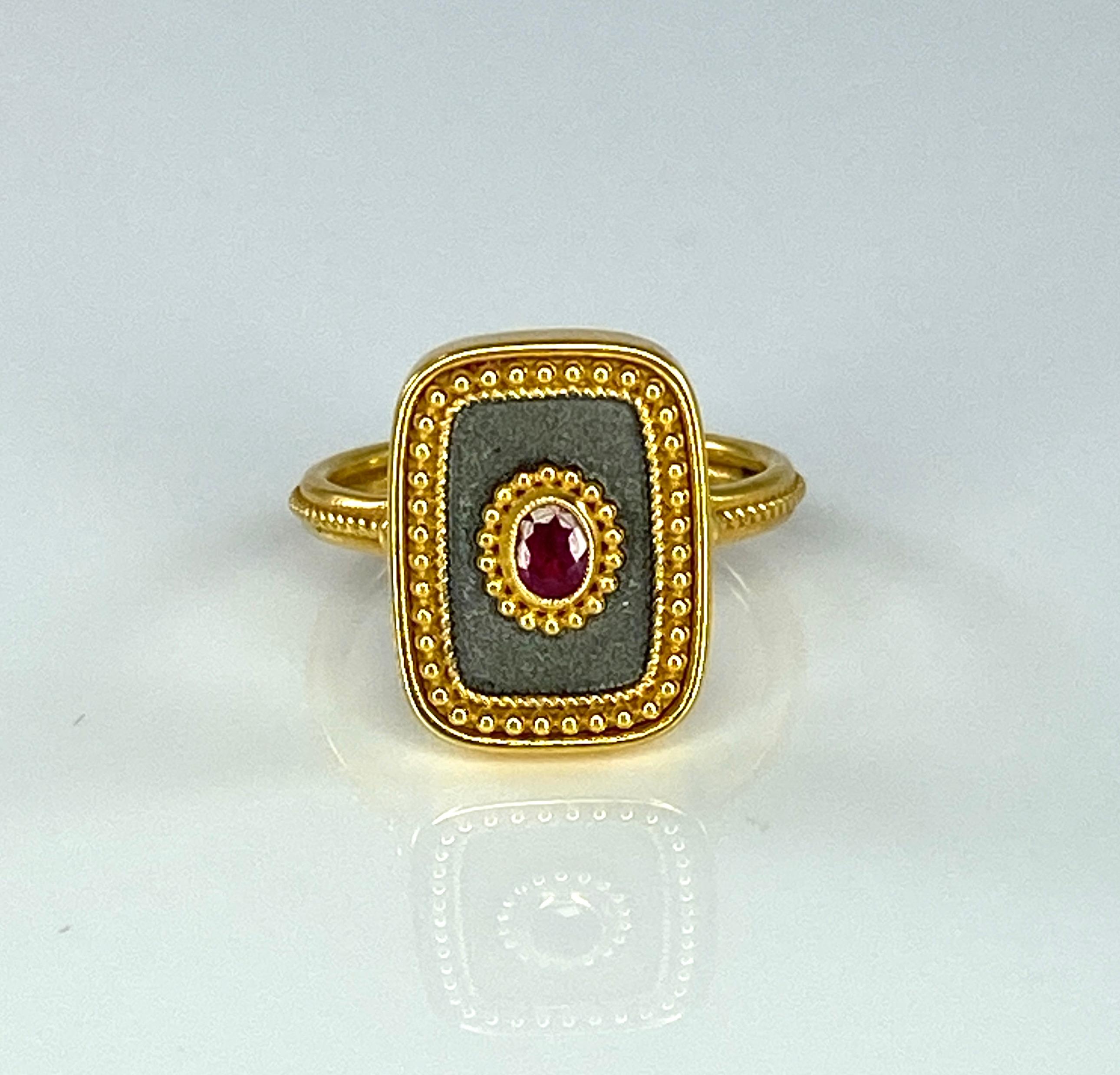 Byzantine Georgios Collections 18 Karat Yellow Gold and Black Rhodium Ruby Ring For Sale