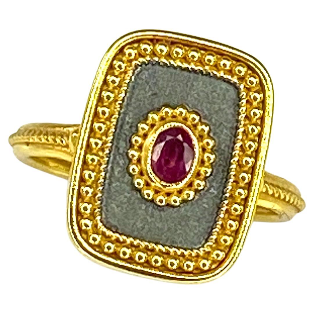 Georgios Collections 18 Karat Yellow Gold and Black Rhodium Ruby Ring For Sale