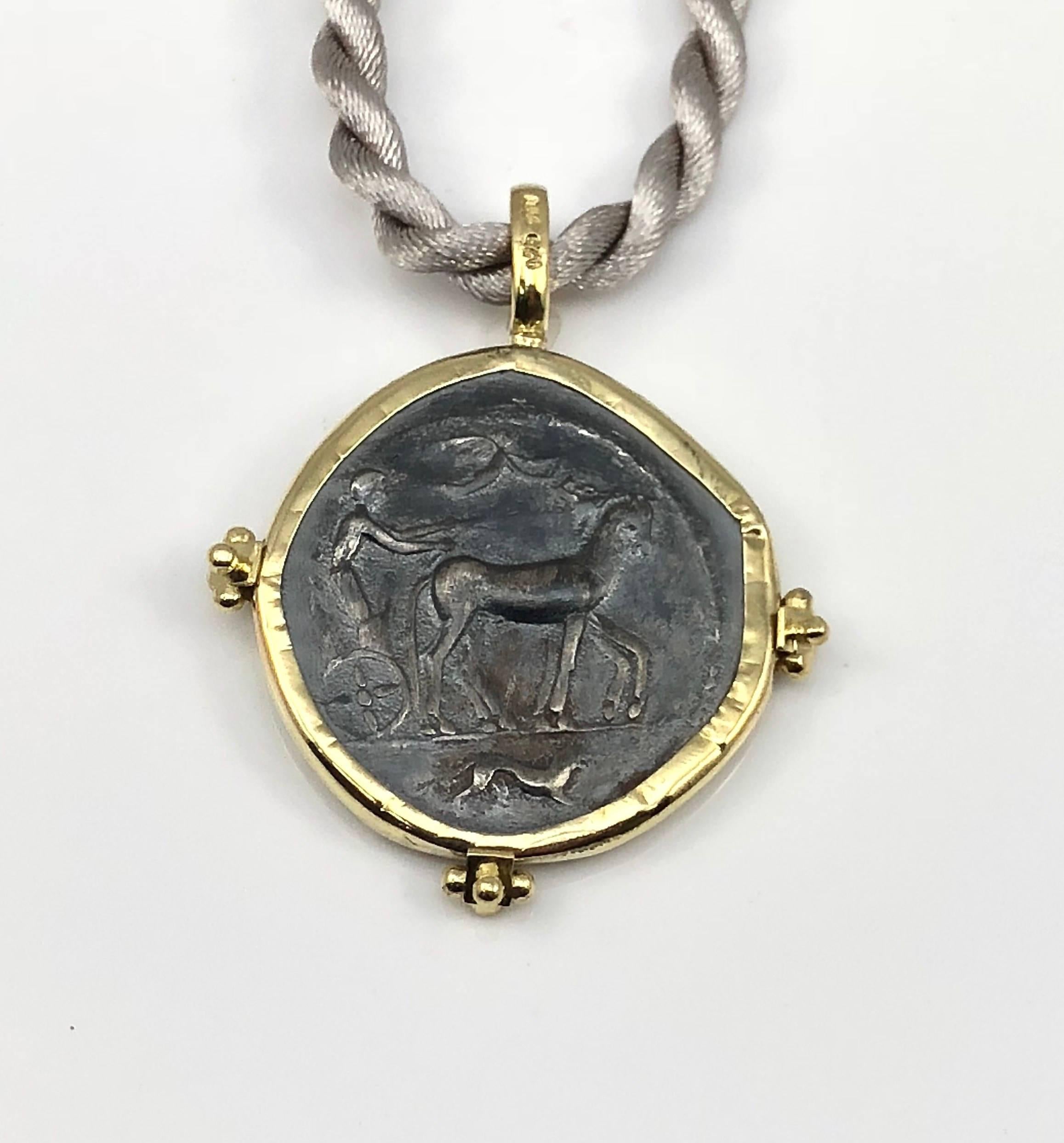 Classical Greek Georgios Collections 18 Karat Yellow Gold and Silver Coin Pendant of Dimitra.