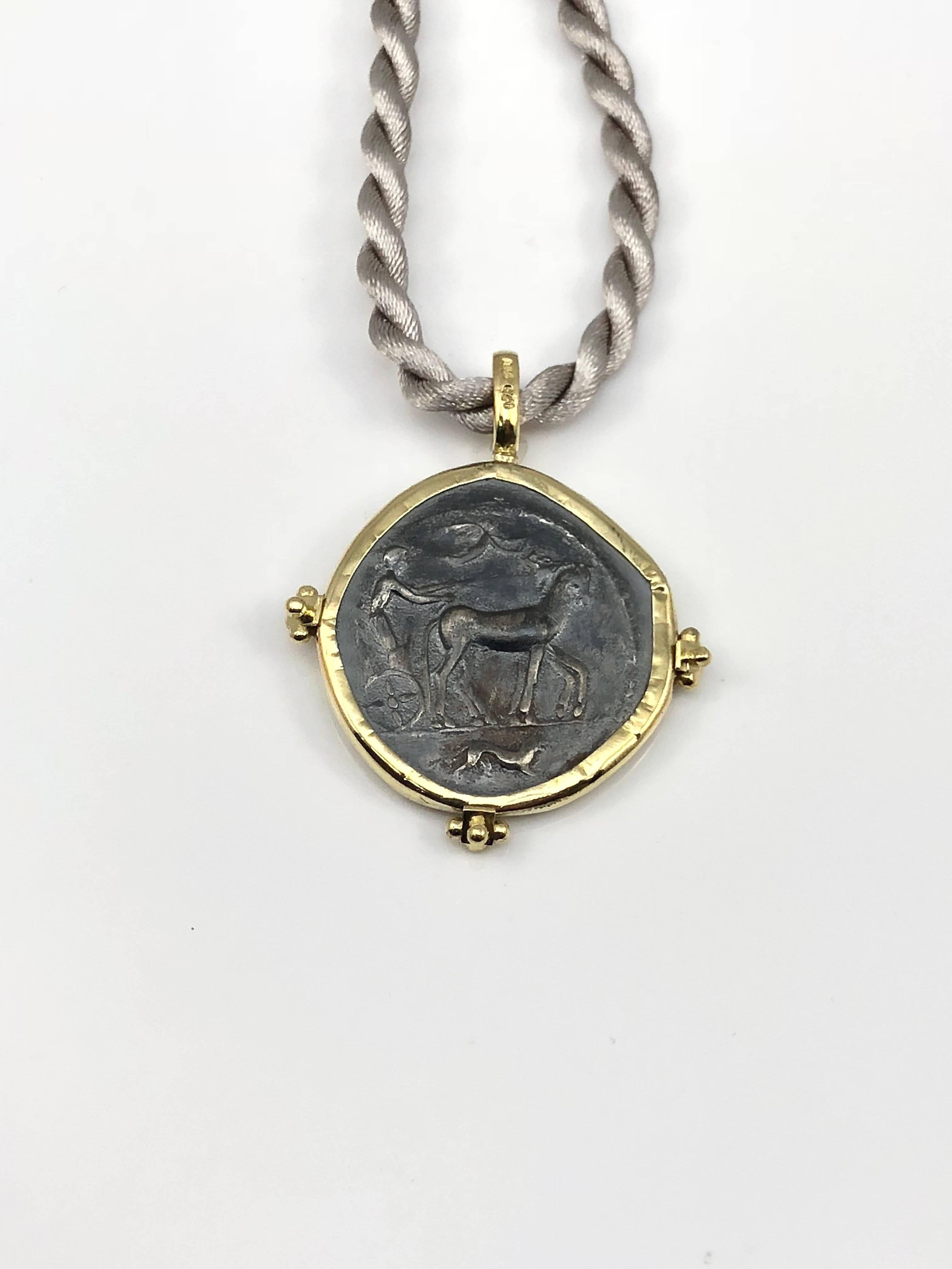 Round Cut Georgios Collections 18 Karat Yellow Gold and Silver Coin Pendant of Dimitra.