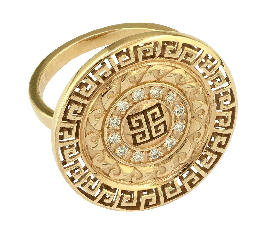 S.Georgios designer ring is handmade from solid 18 Karat Yellow Gold and is microscopically decorated with a unique Greek design to create a stunning art piece. This beautiful ring features 12 brilliant-cut White Diamonds, a total weight of 0.16