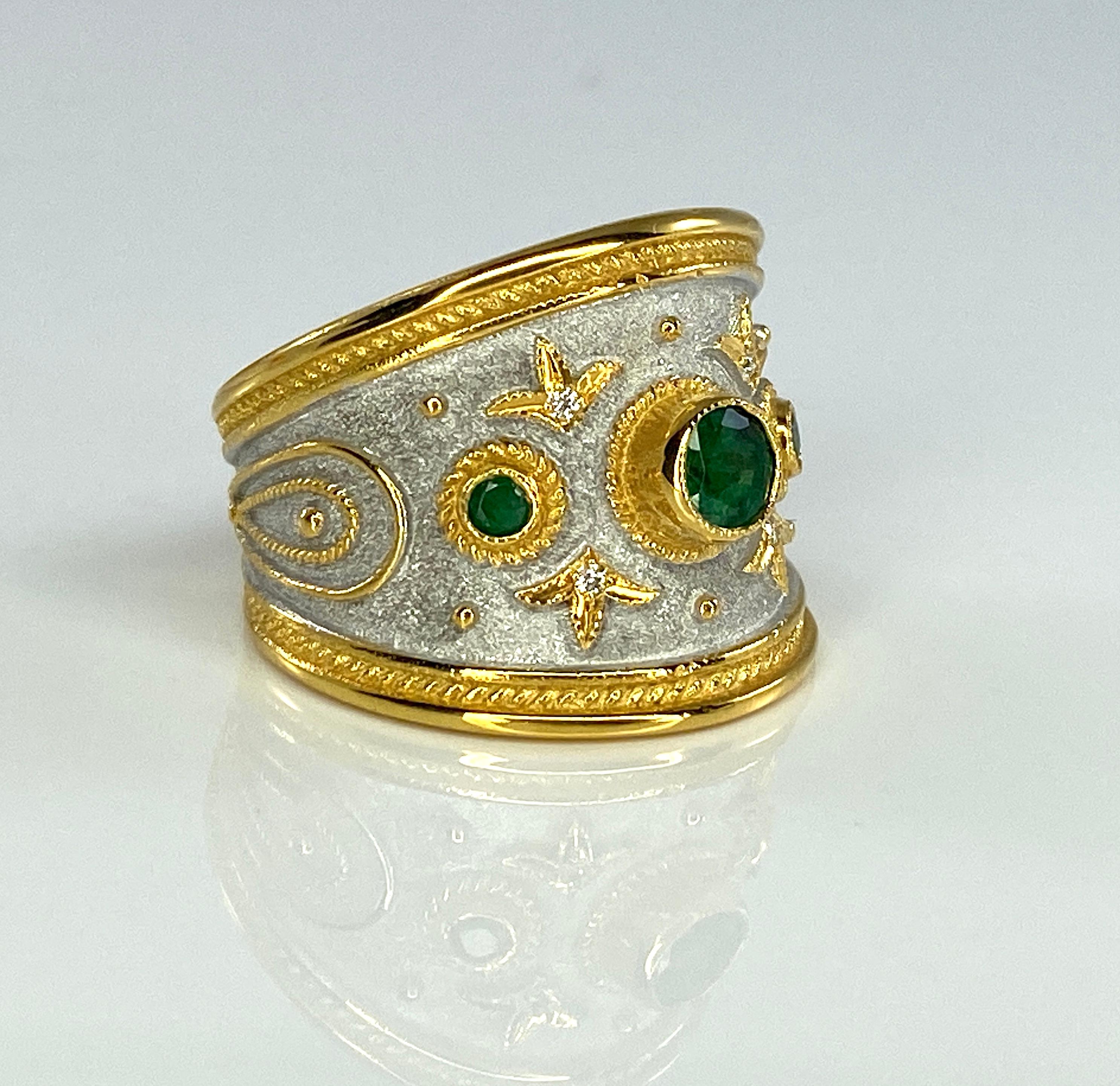 Georgios Collections 18 Karat Yellow Gold and White Rhodium Diamond Emerald Ring For Sale 2