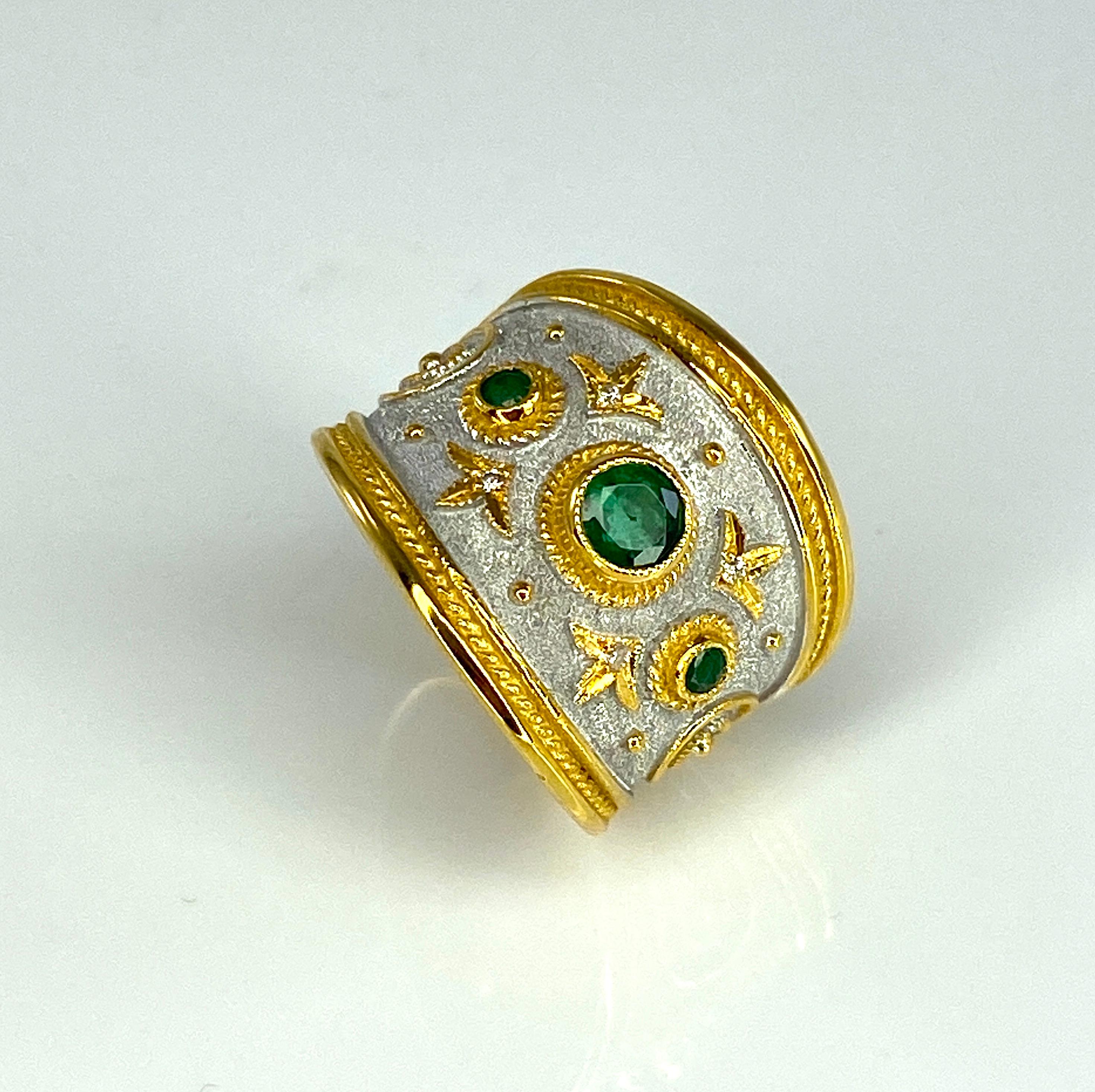 Georgios Collections 18 Karat Yellow Gold and White Rhodium Diamond Emerald Ring For Sale 3