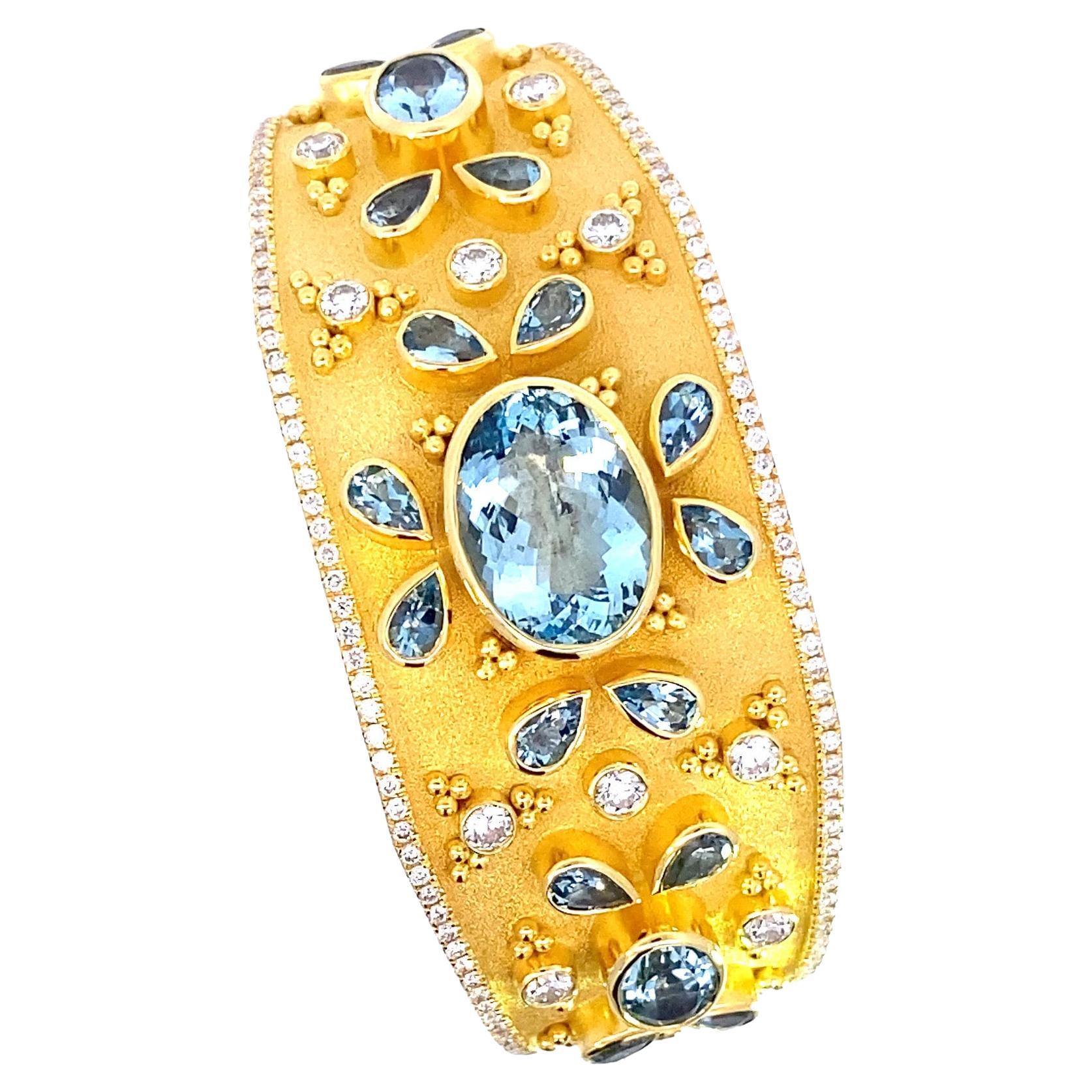 Byzantine Georgios Collections 18 Karat Yellow Gold Aquamarine and Diamond Cuff Bracelet For Sale
