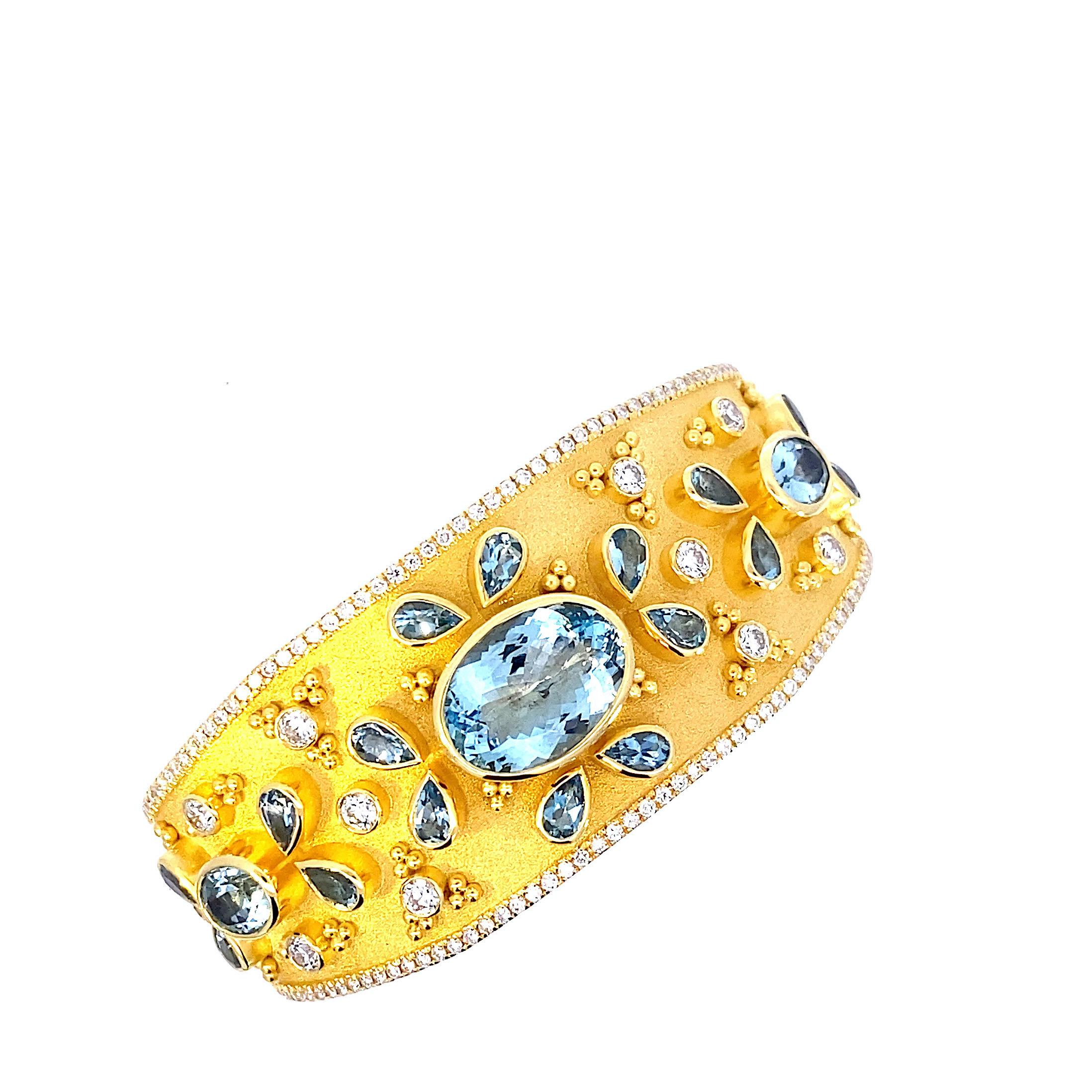 Pear Cut Georgios Collections 18 Karat Yellow Gold Aquamarine and Diamond Cuff Bracelet For Sale