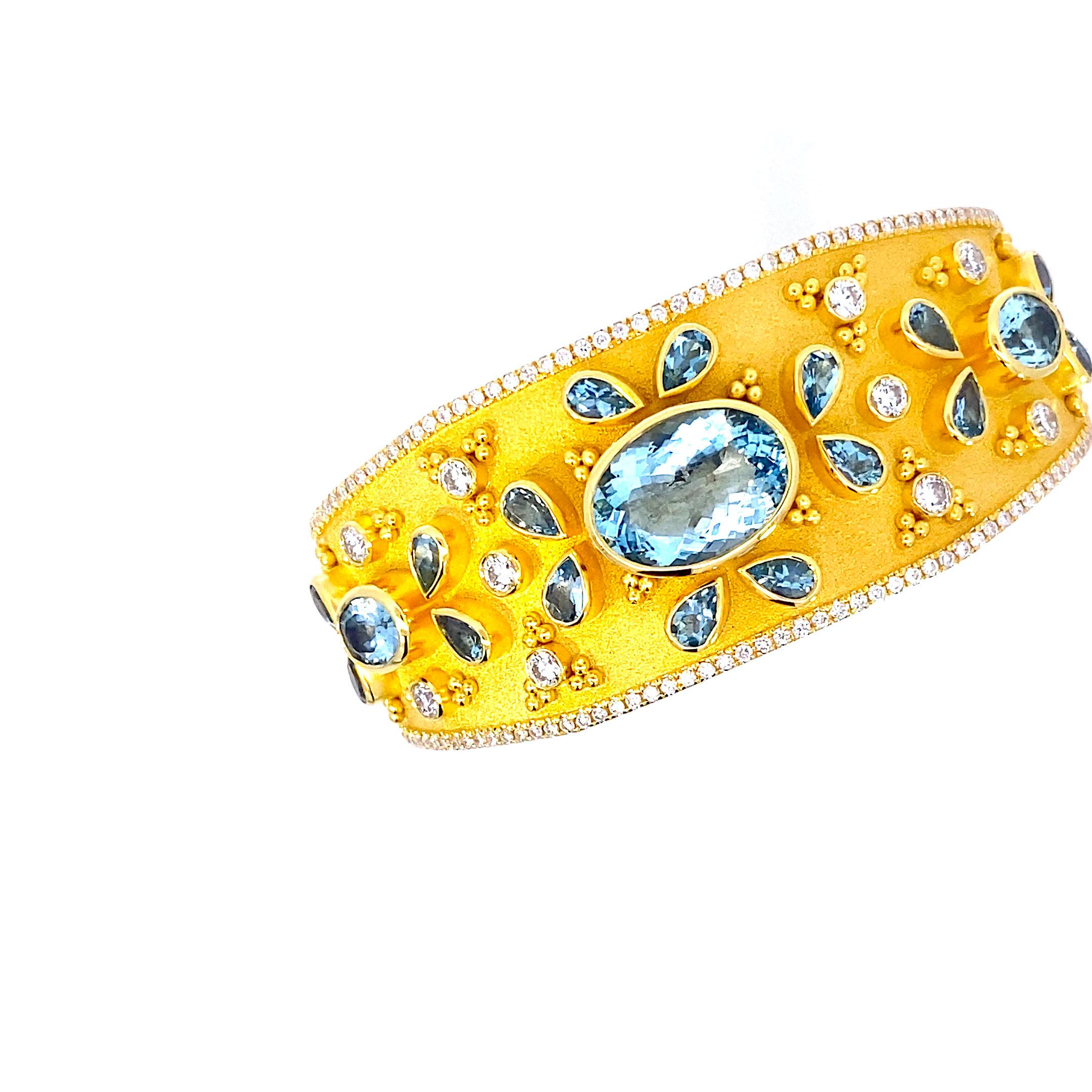 Georgios Collections 18 Karat Yellow Gold Aquamarine and Diamond Cuff Bracelet In New Condition For Sale In Astoria, NY