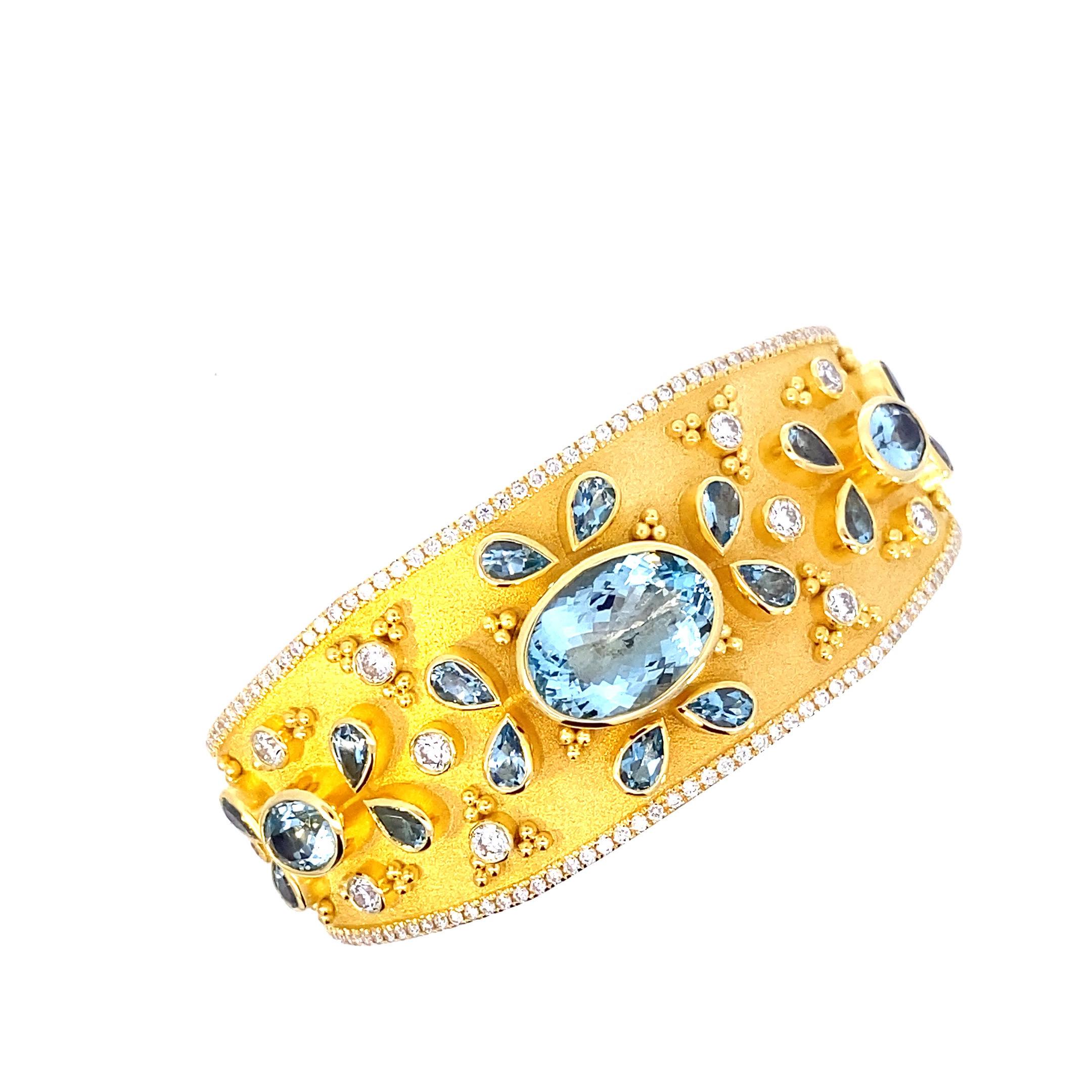 Women's Georgios Collections 18 Karat Yellow Gold Aquamarine and Diamond Cuff Bracelet For Sale