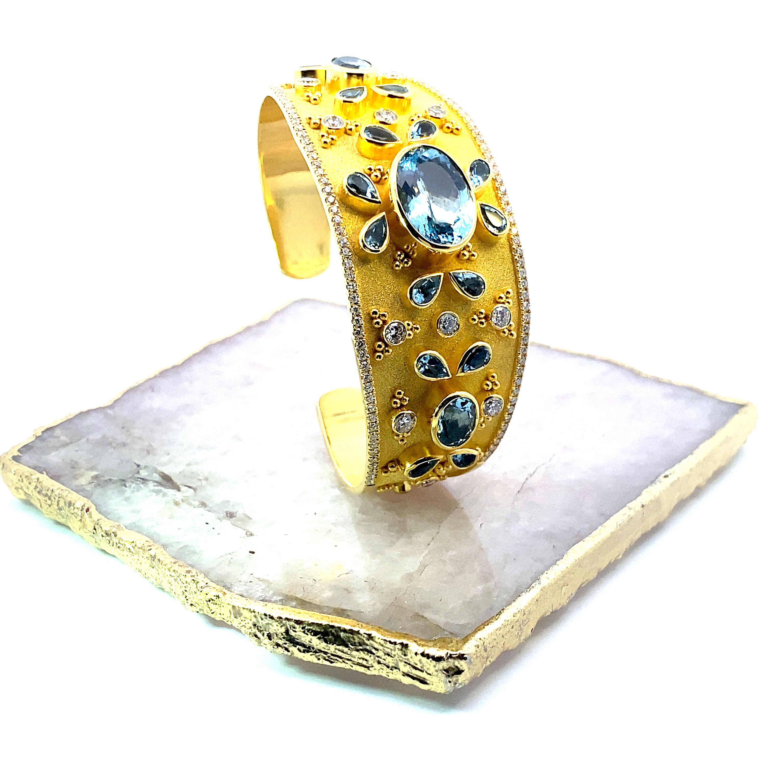 Georgios Collections 18 Karat Yellow Gold Aquamarine and Diamond Cuff Bracelet For Sale 2
