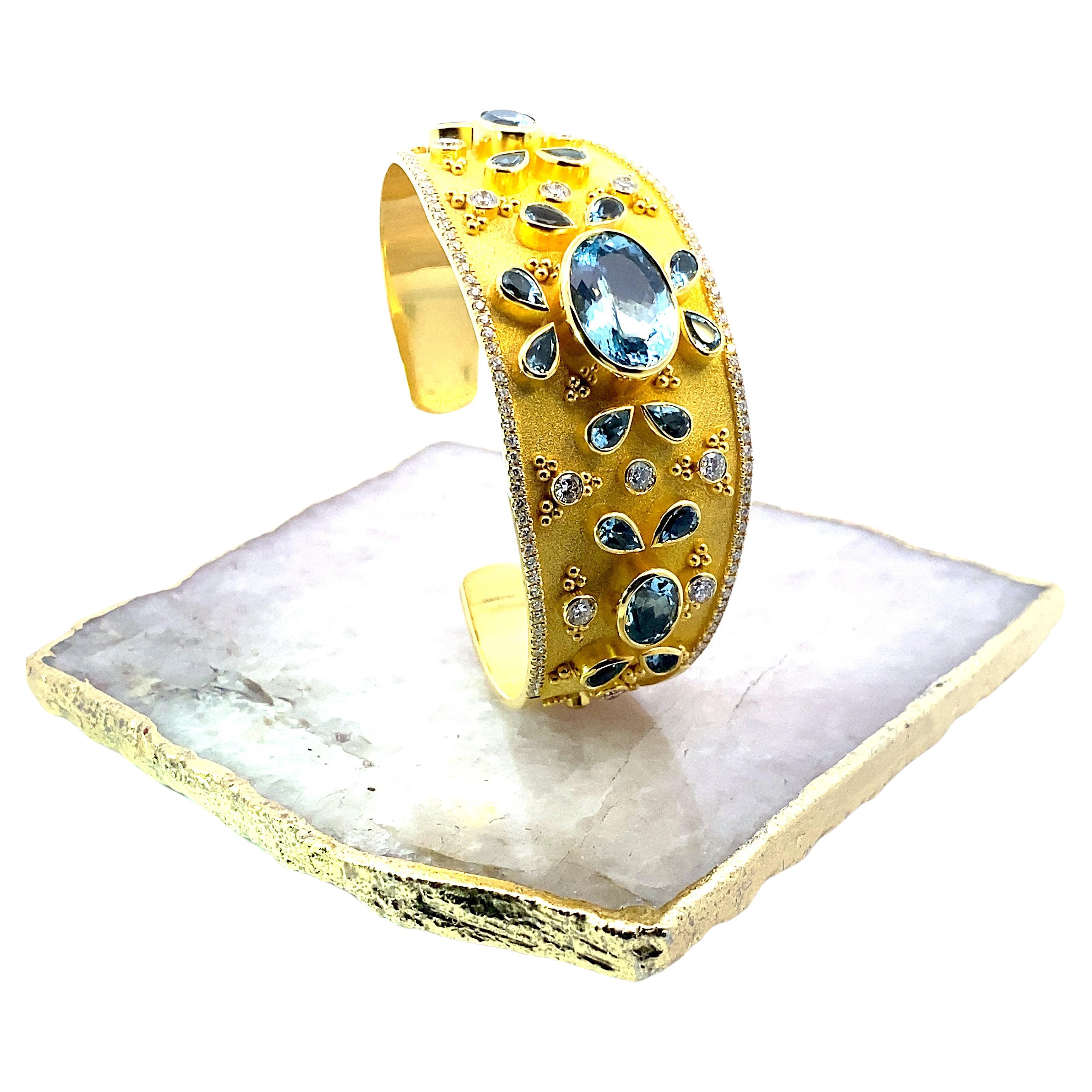 Georgios Collections 18 Karat Yellow Gold Aquamarine and Diamond Cuff Bracelet