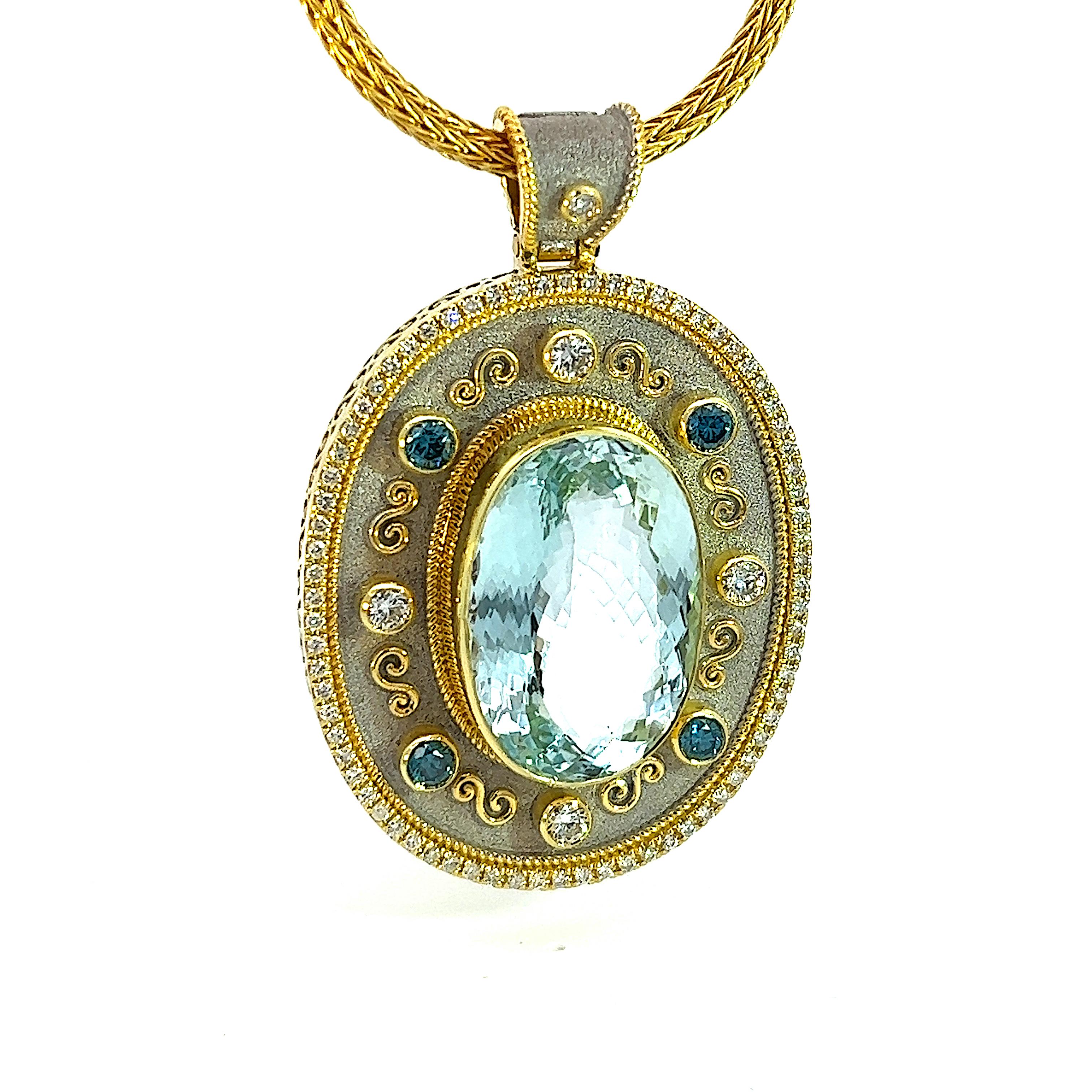 Byzantine Georgios Collections 18 Karat Yellow Gold Aquamarine and Diamond Pendant For Sale