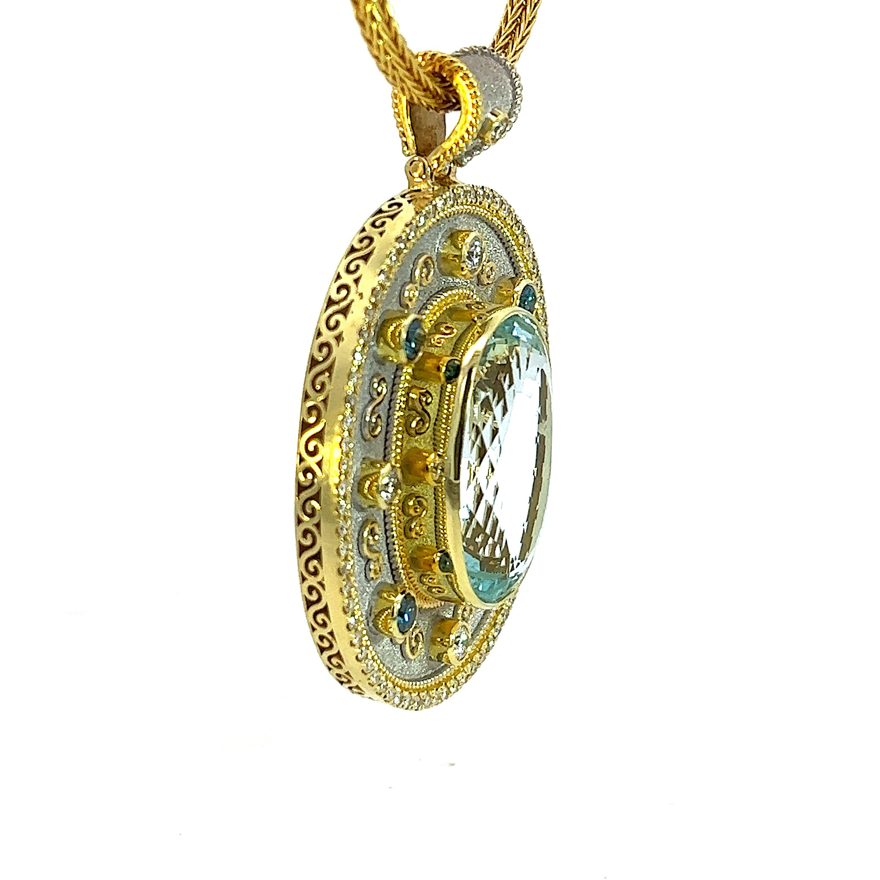 Oval Cut Georgios Collections 18 Karat Yellow Gold Aquamarine and Diamond Pendant For Sale