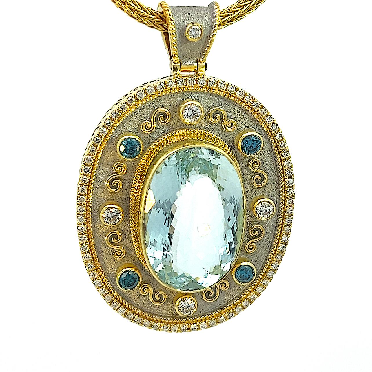 Georgios Collections 18 Karat Yellow Gold Aquamarine and Diamond Pendant For Sale 2