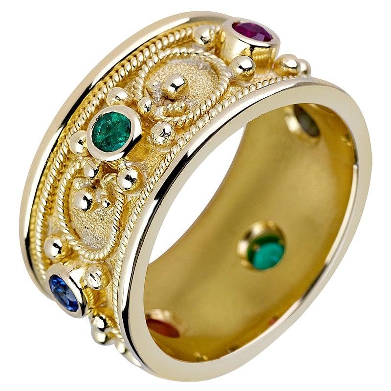Georgios Collections 18 Karat Yellow Gold Band Ring with Ruby Sapphire Emerald In New Condition In Astoria, NY