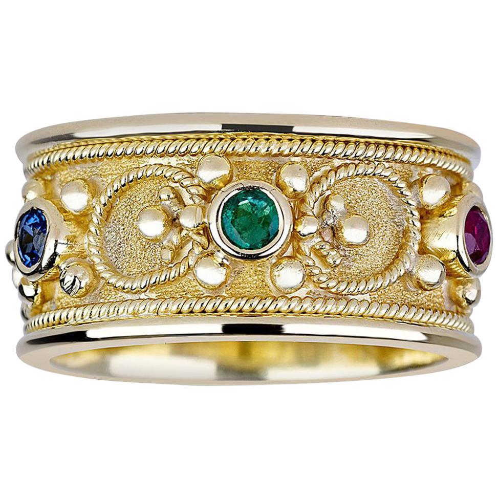 Georgios Collections 18 Karat Yellow Gold Band Ring with Ruby Sapphire Emerald