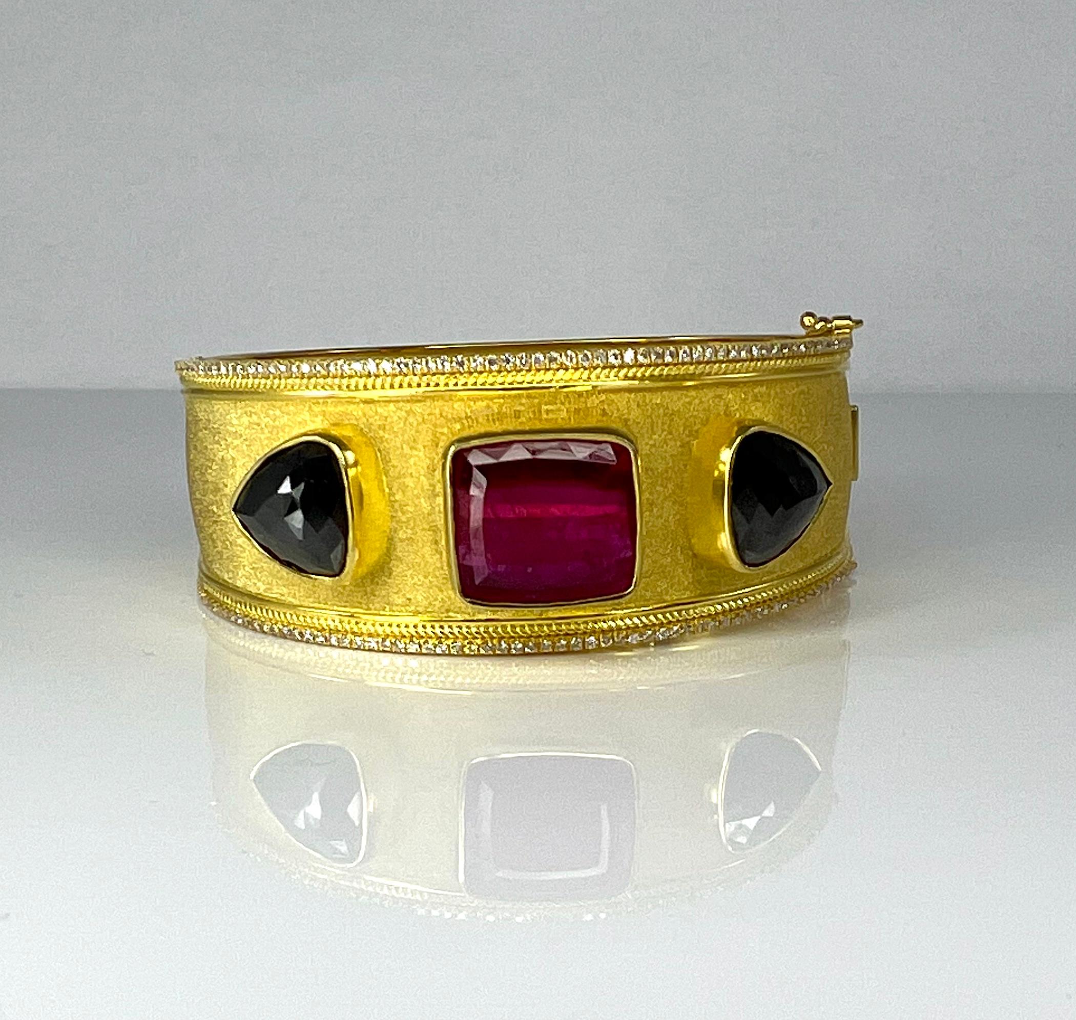 Byzantine Georgios Collections 18 Karat Yellow Gold Black Diamond and Tourmaline Bracelet For Sale