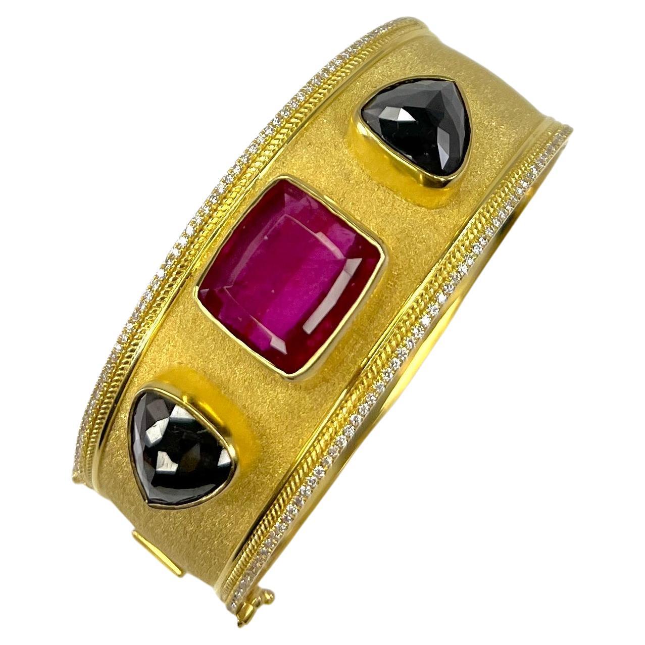 Georgios Collections 18 Karat Yellow Gold Black Diamond and Tourmaline Bracelet For Sale