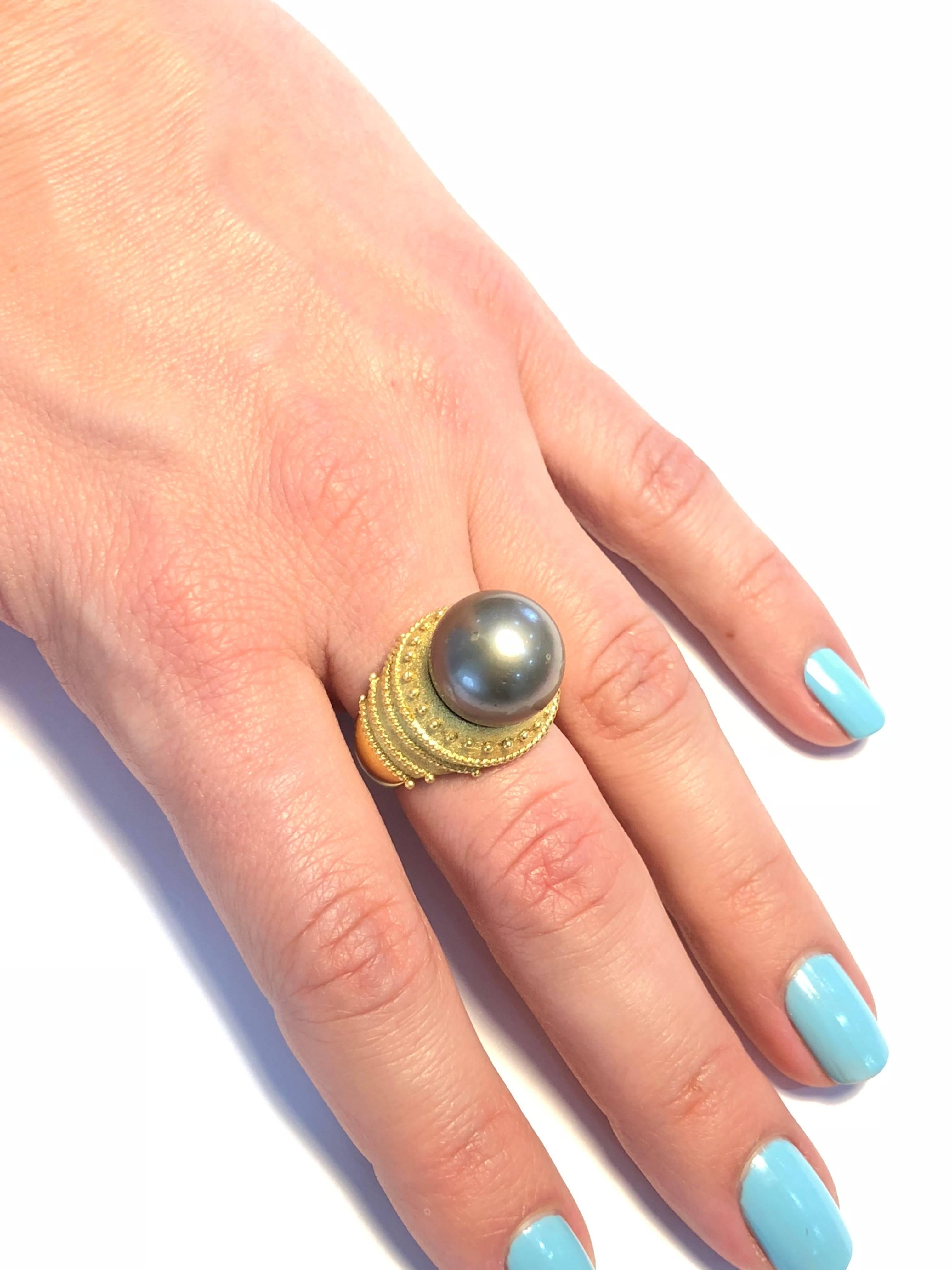 Byzantine Georgios Collections 18 Karat Yellow Gold Black Pearl Ring with Granulation Work For Sale