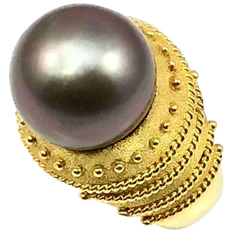 Georgios Collections 18 Karat Yellow Gold Black Pearl Ring with Granulation Work