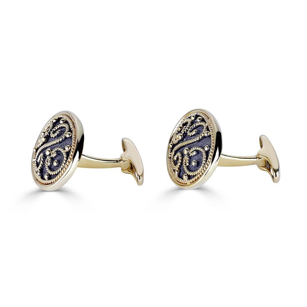 These S.Georgios designer Cufflinks are Hand Made in 18 Karat Yellow Gold and Black oxidized Rhodium. Cufflinks are microscopically decorated with 18 Karat Gold granulation work in Byzantine style and with a unique velvet effect on the background.
