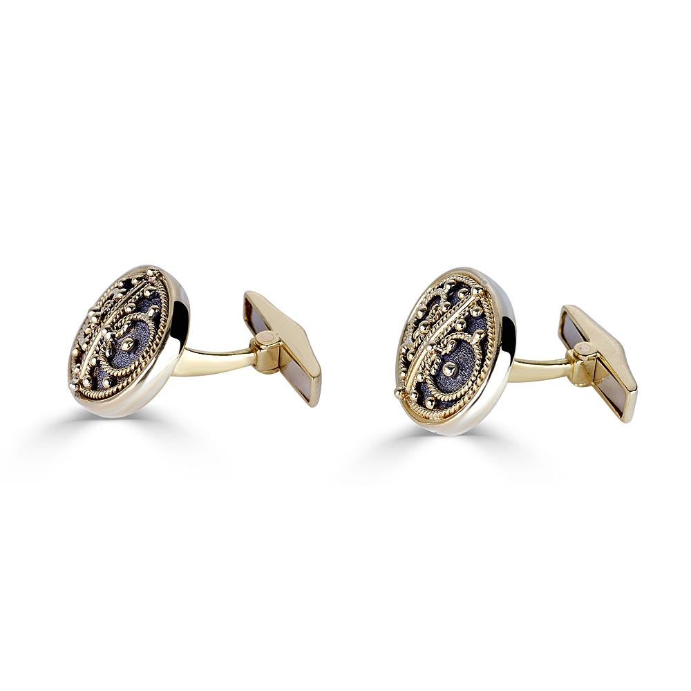 S.Georgios designer Cufflinks Hand Made in 18 Karat Yellow Gold and Black Rhodium all custom-made. These gorgeous cufflinks are microscopically decorated with 18 Karat Gold granulation work in Byzantine style and with a unique velvet effect on the