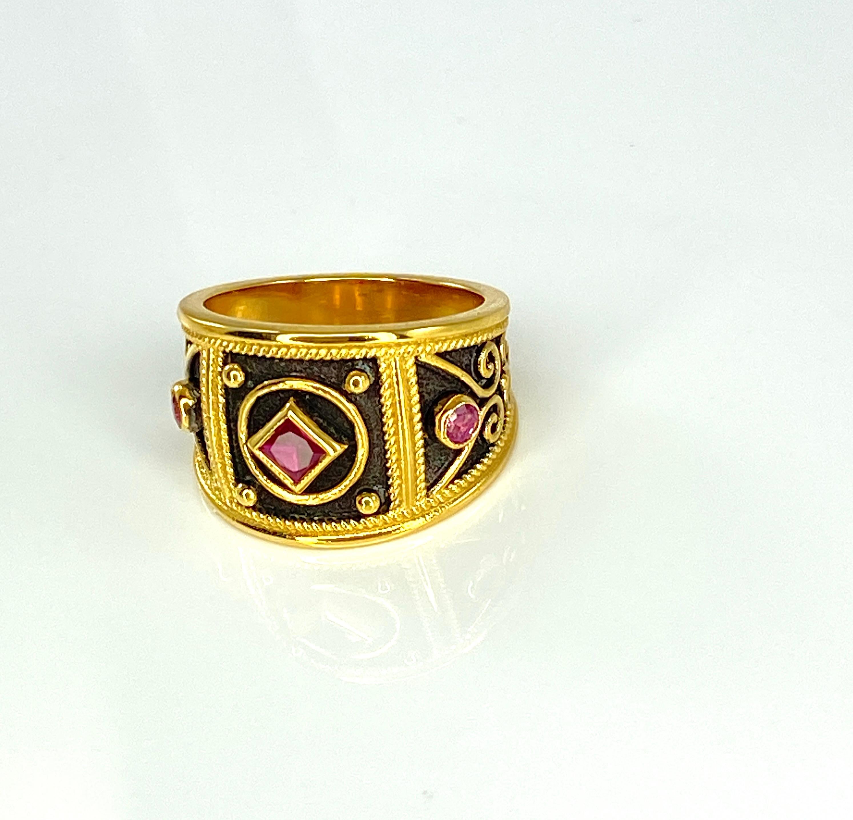 Byzantine Georgios Collections 18 Karat Yellow Gold Black Rhodium Granulation Ruby Ring For Sale