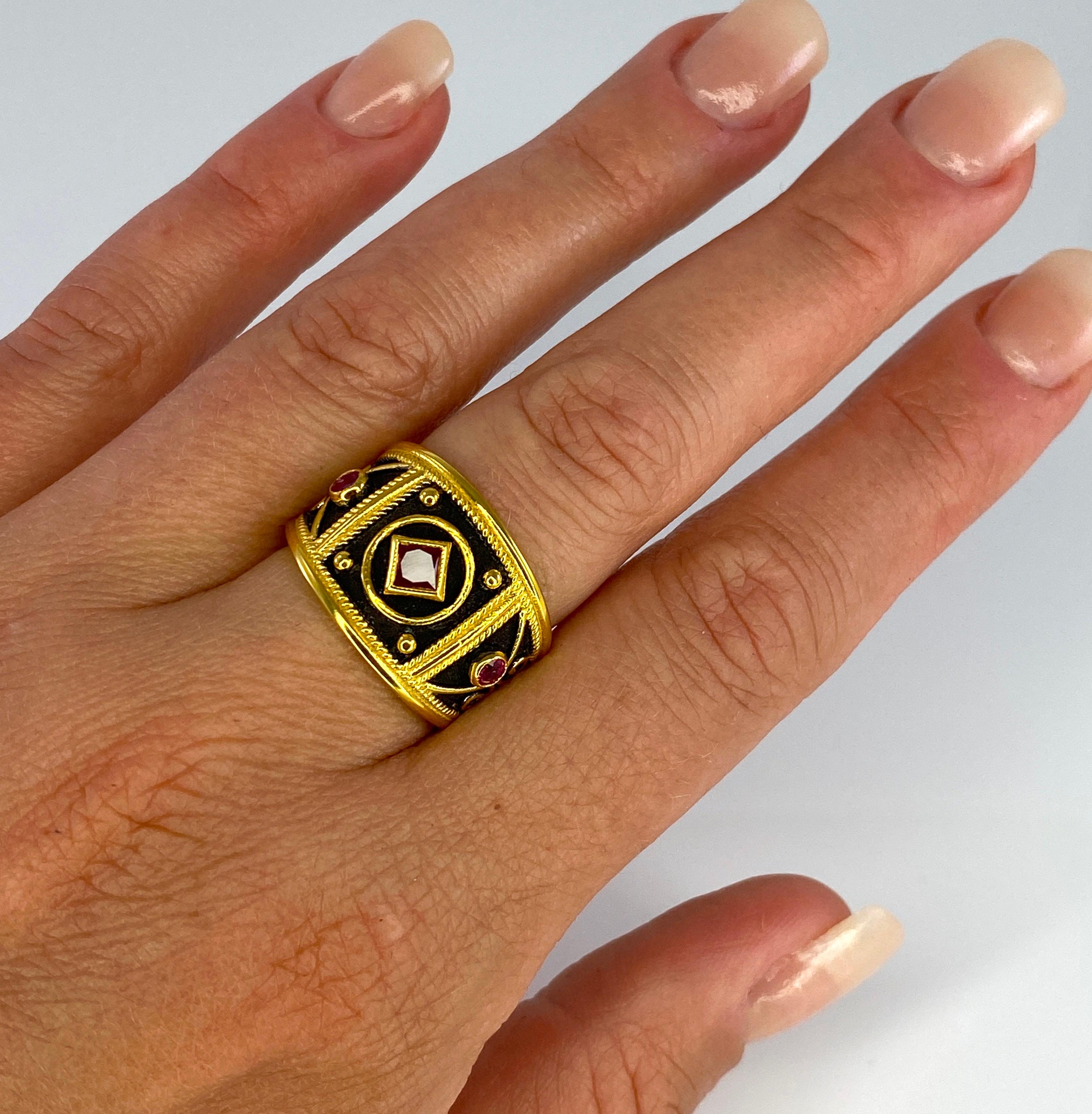 Princess Cut Georgios Collections 18 Karat Yellow Gold Black Rhodium Granulation Ruby Ring For Sale