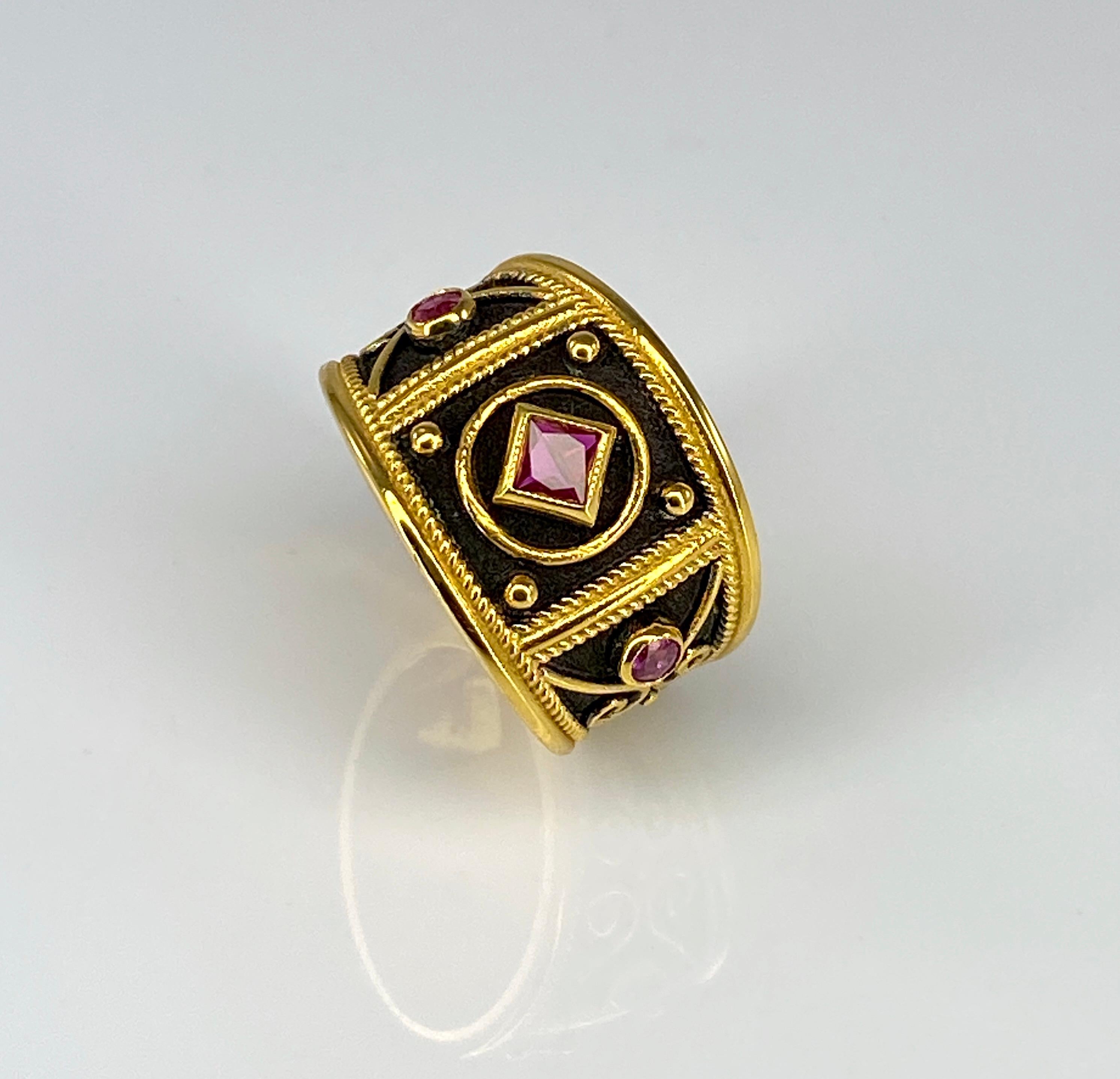 Women's Georgios Collections 18 Karat Yellow Gold Black Rhodium Granulation Ruby Ring For Sale