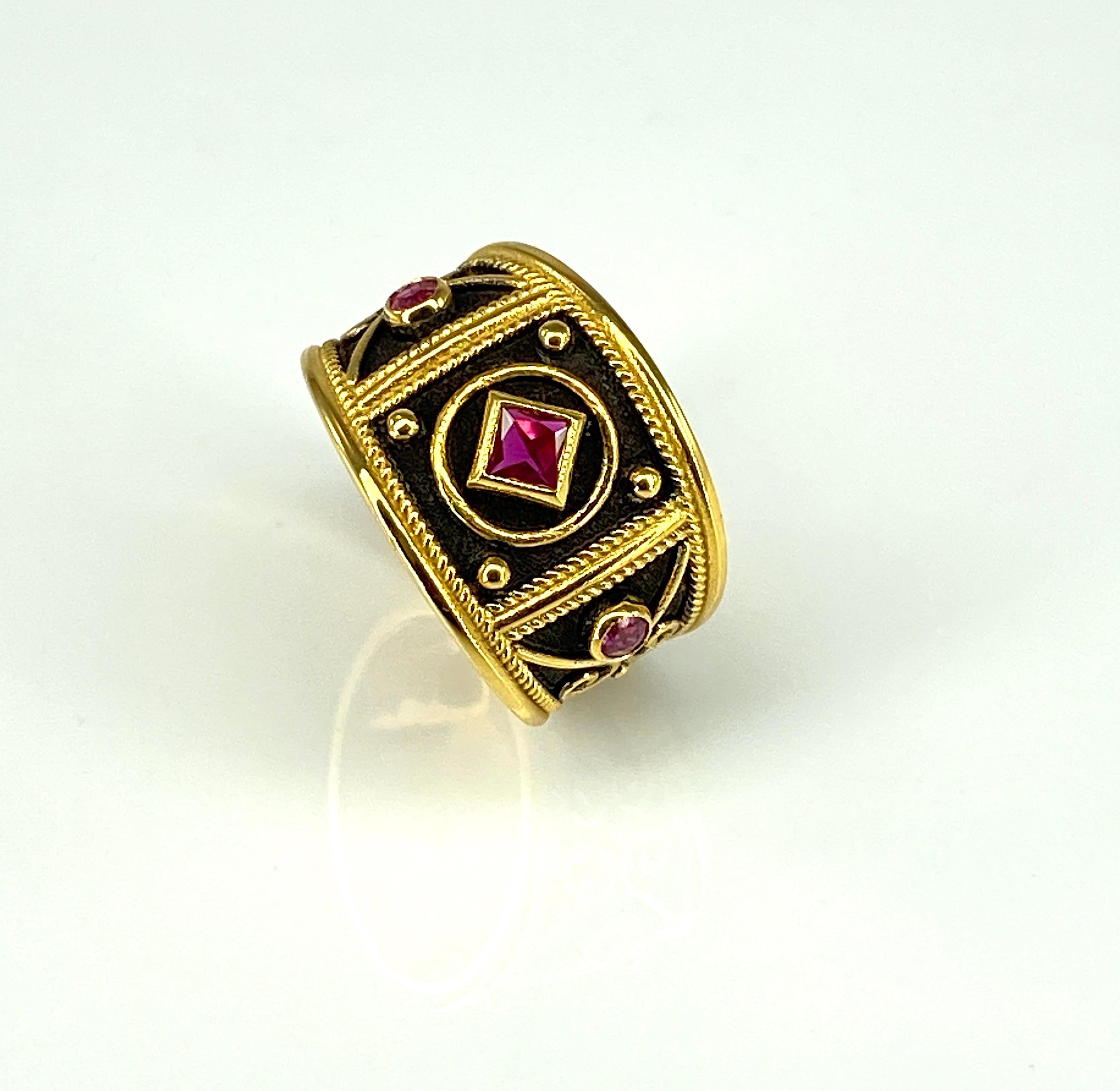 Georgios Collections 18 Karat Yellow Gold Black Rhodium Granulation Ruby Ring For Sale 1