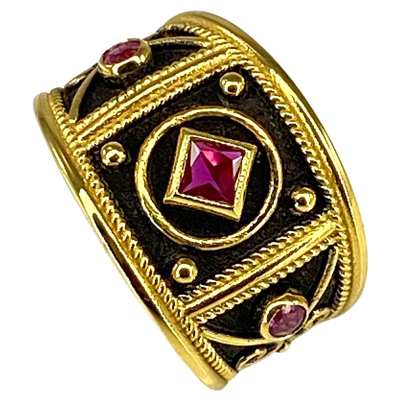 Georgios Collections 18 Karat Yellow Gold Black Rhodium Granulation Ruby Ring