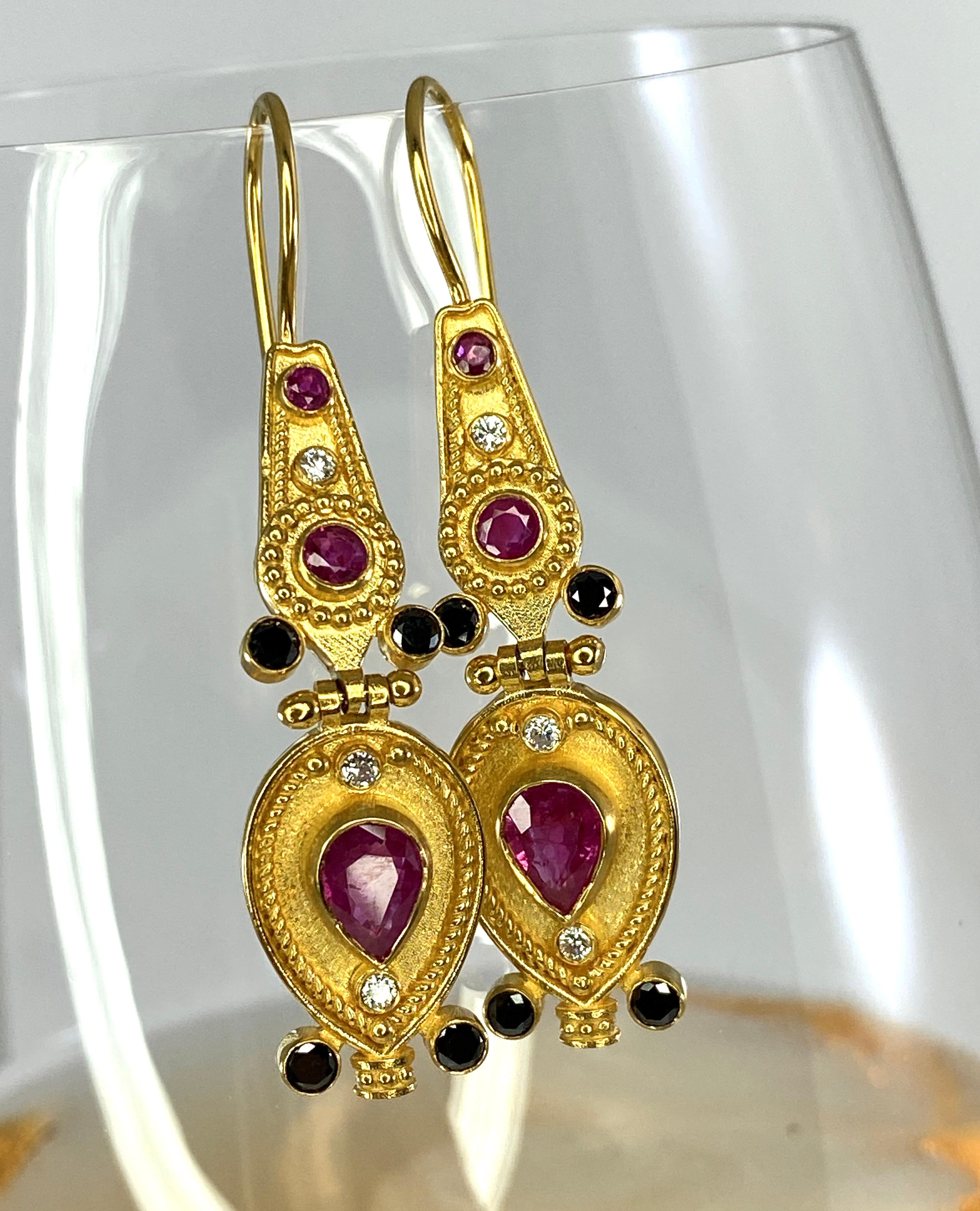 Georgios Collections 18 Karat Yellow Gold Black White Diamond Ruby Drop Earrings For Sale 4