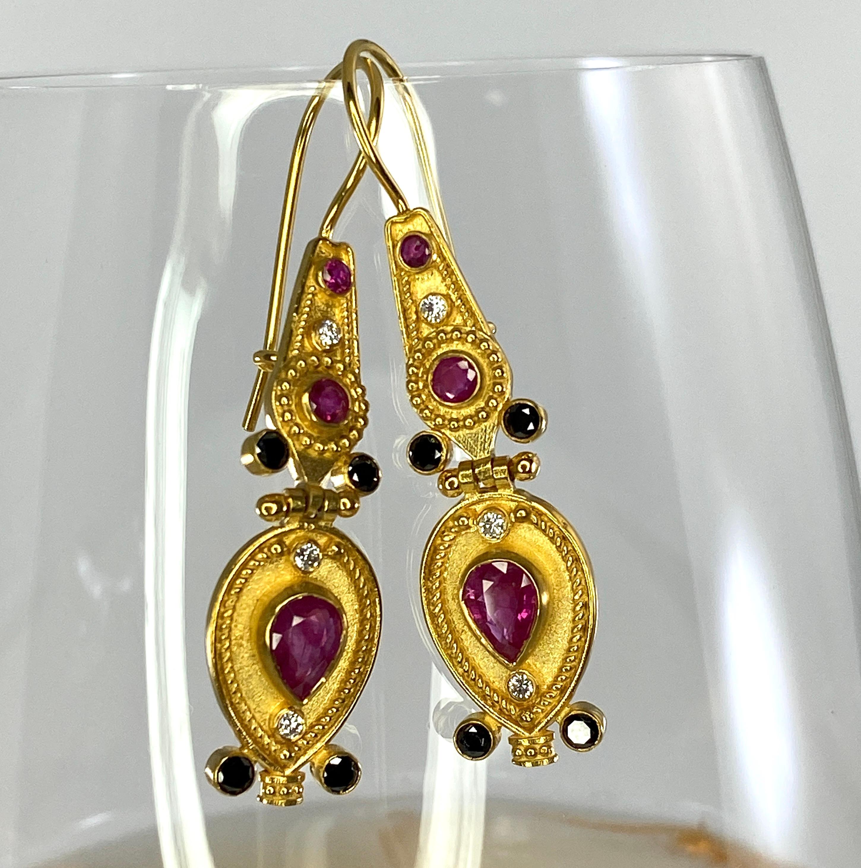 Georgios Collections 18 Karat Yellow Gold Black White Diamond Ruby Drop Earrings For Sale 6