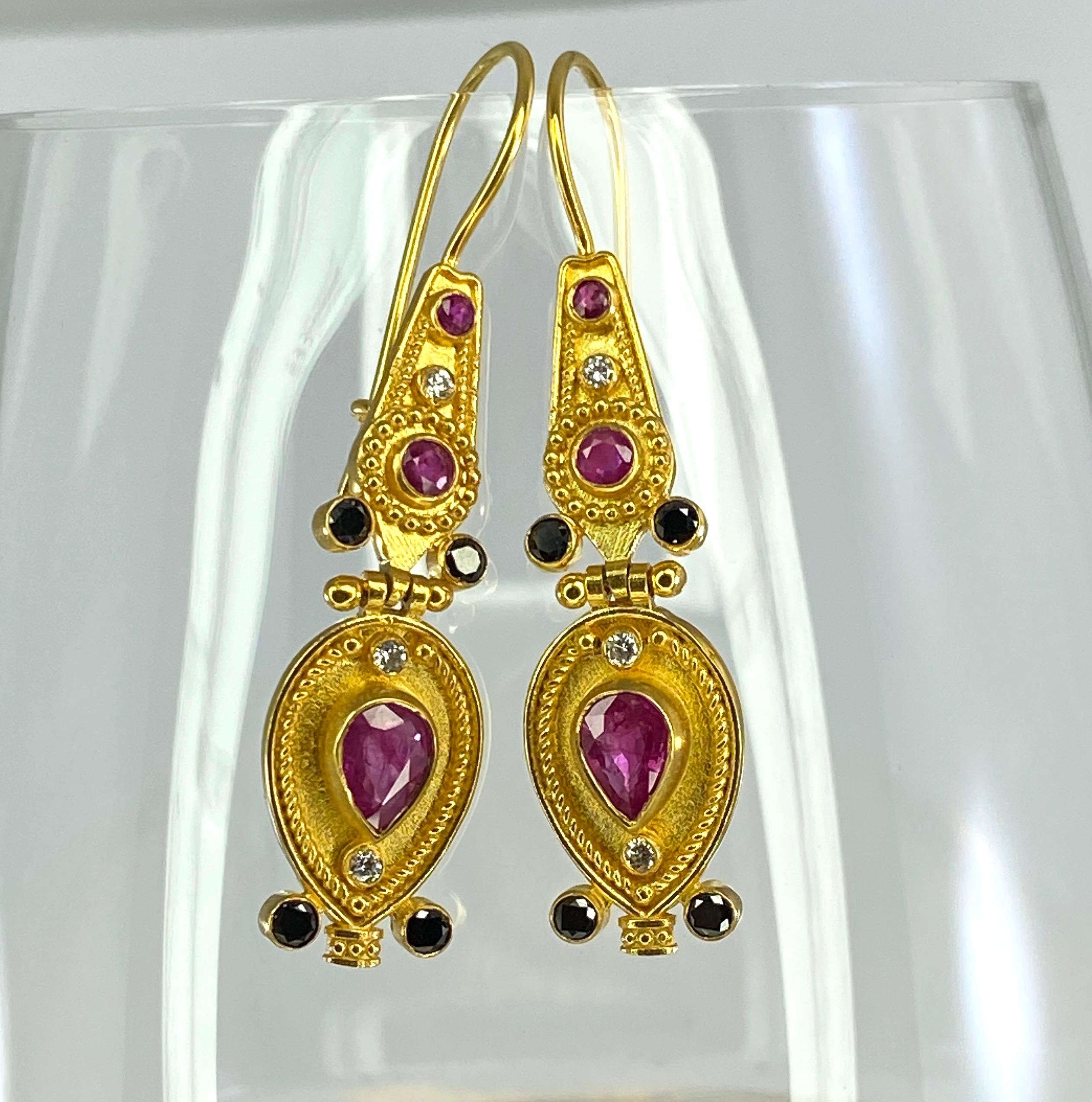 Georgios Collections 18 Karat Yellow Gold Black White Diamond Ruby Drop Earrings For Sale 7