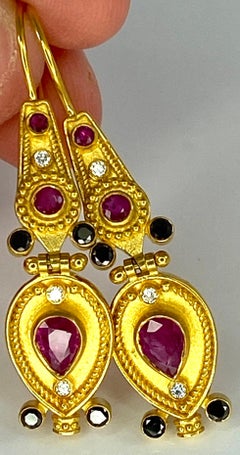 Georgios Collections 18 Karat Yellow Gold Black White Diamond Ruby Drop Earrings