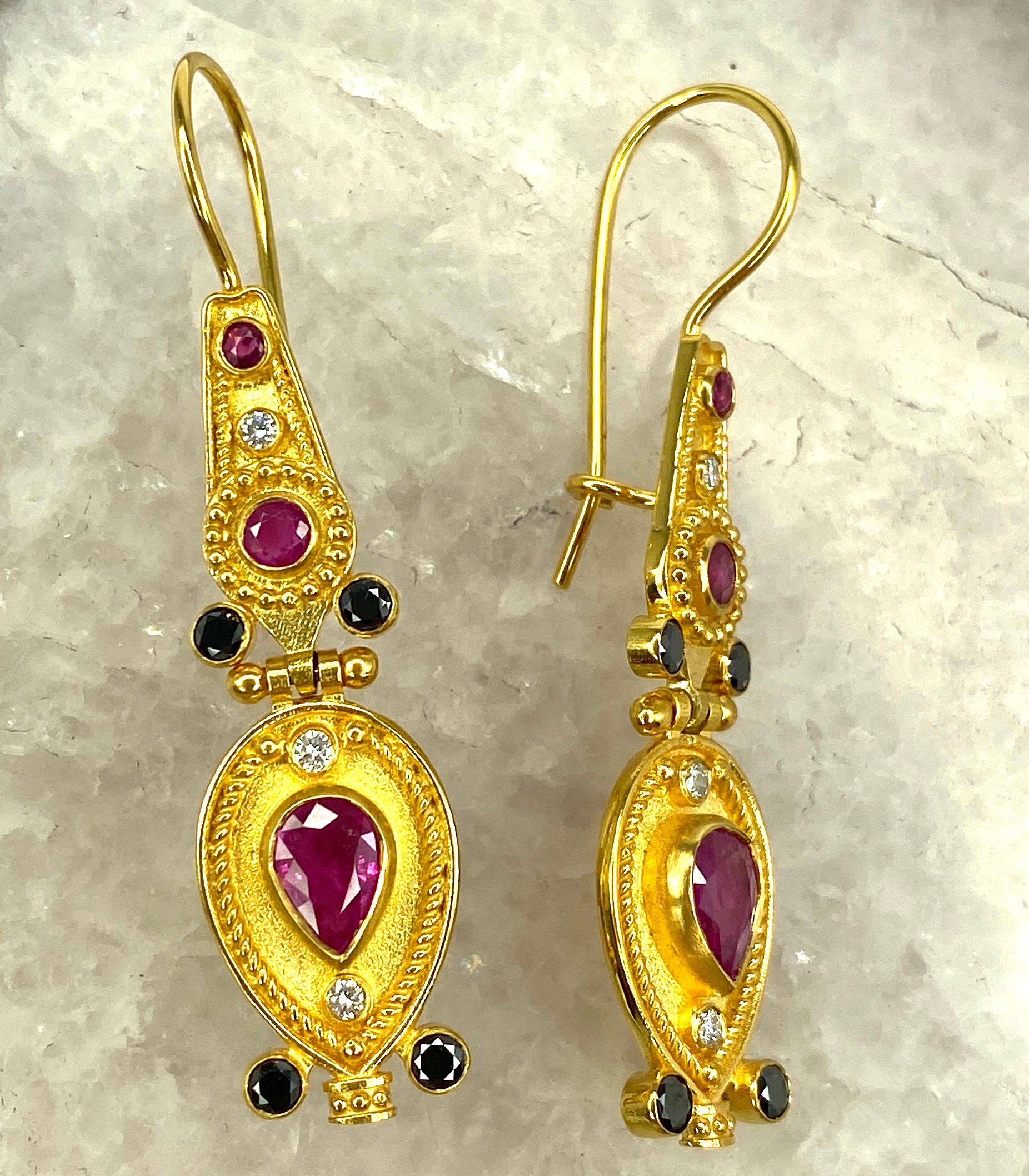 Georgios Collections 18 Karat Yellow Gold Black White Diamond Ruby Drop Earrings In New Condition For Sale In Astoria, NY
