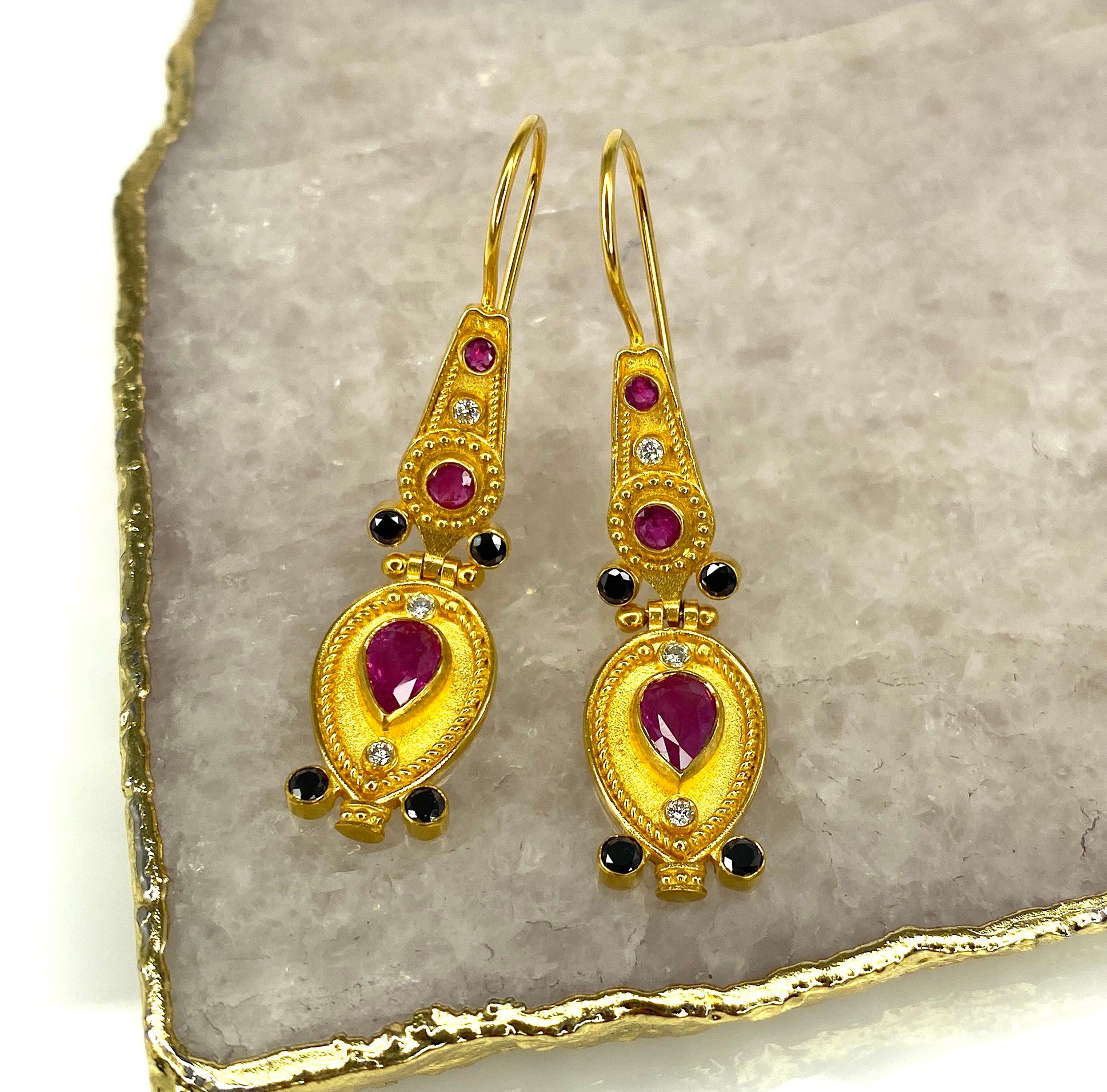 Women's Georgios Collections 18 Karat Yellow Gold Black White Diamond Ruby Drop Earrings For Sale