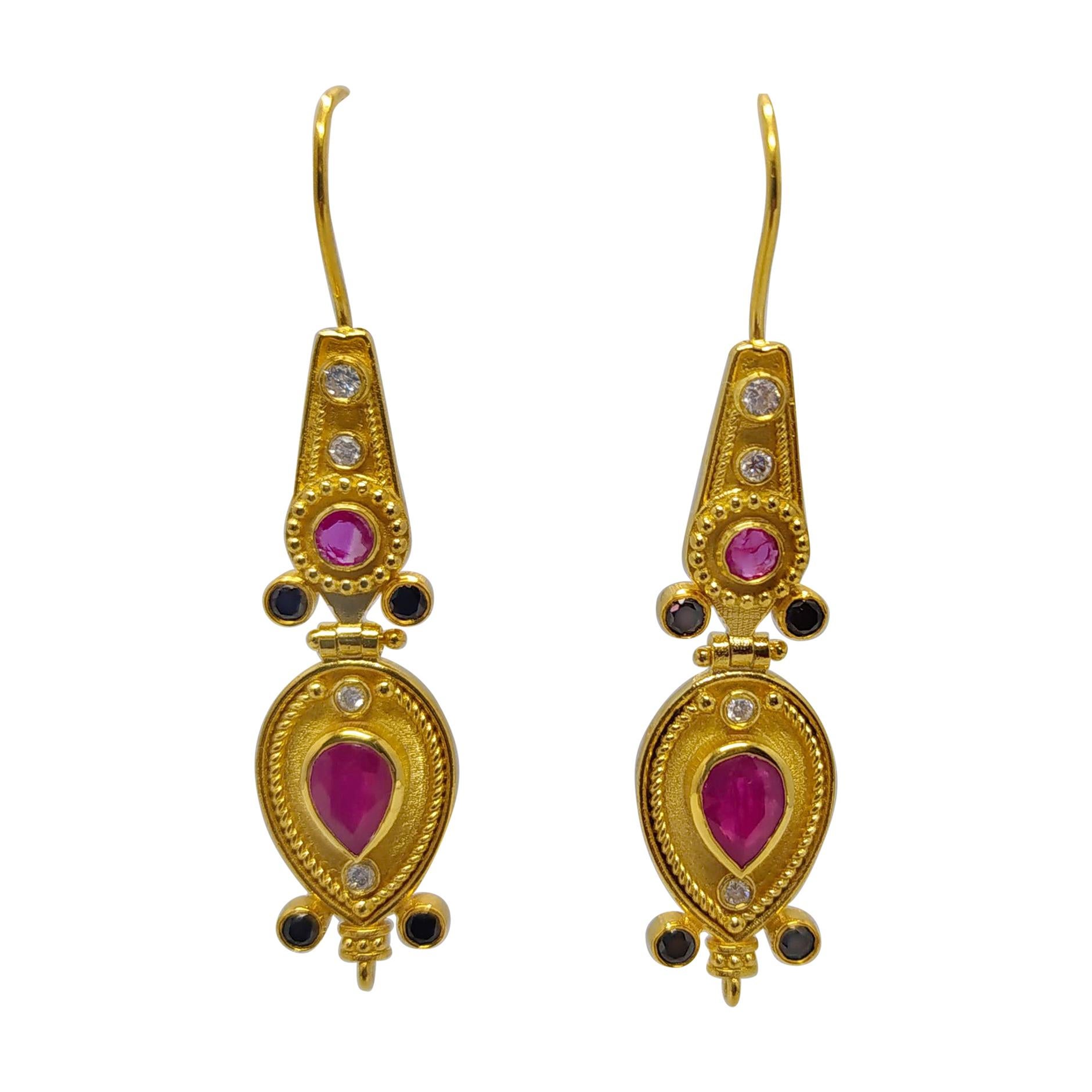 Georgios Collections 18 Karat Yellow Gold Black White Diamond Ruby Drop Earrings