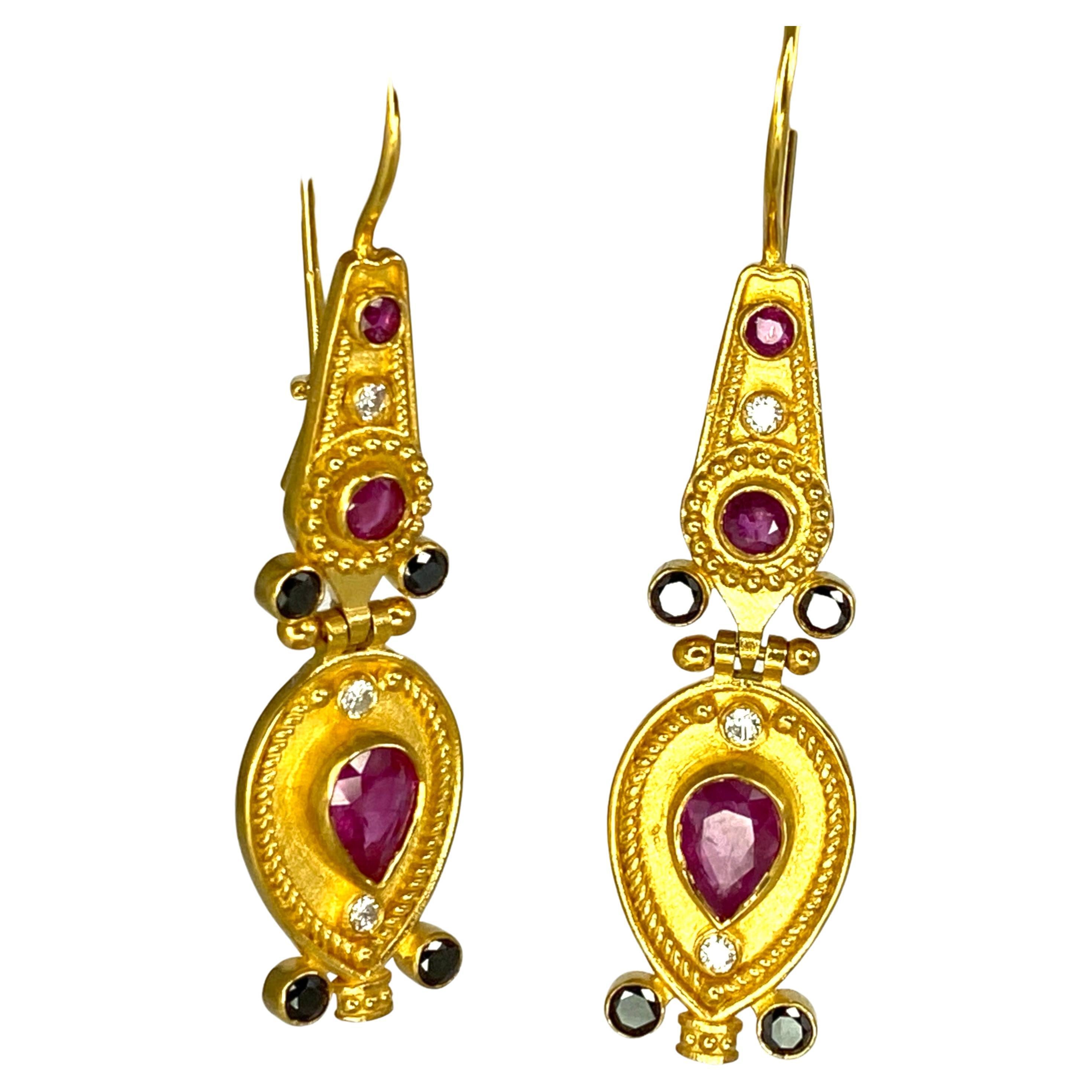 Georgios Collections 18 Karat Yellow Gold Black White Diamond Ruby Drop Earrings