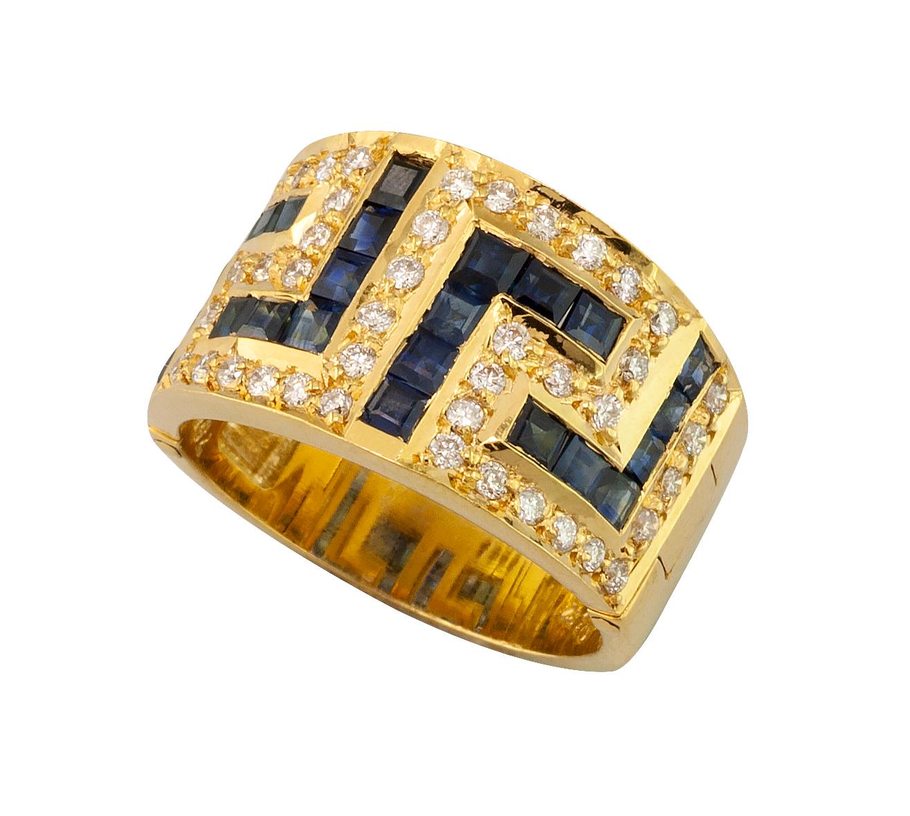 Georgios Collections Bague clé en or jaune 18 carats avec diamants noirs et blancs et saphirs en vente 1