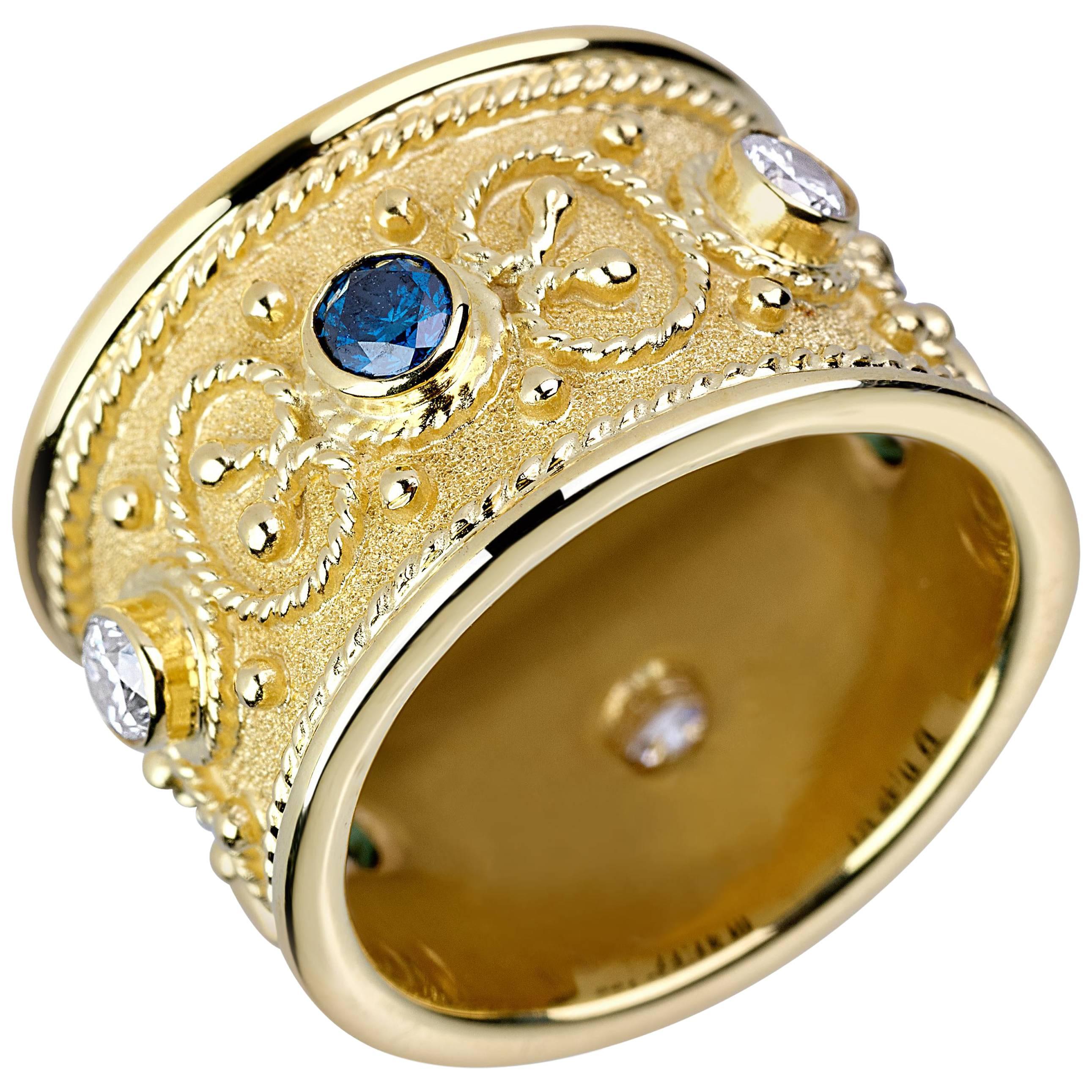 Georgios Collections 18 Karat Yellow Gold Blue and White Diamond Band Ring For Sale