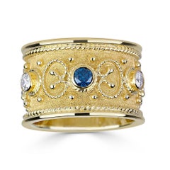 Georgios Collections 18 Karat Yellow Gold Blue and White Diamond Wide Band Ring
